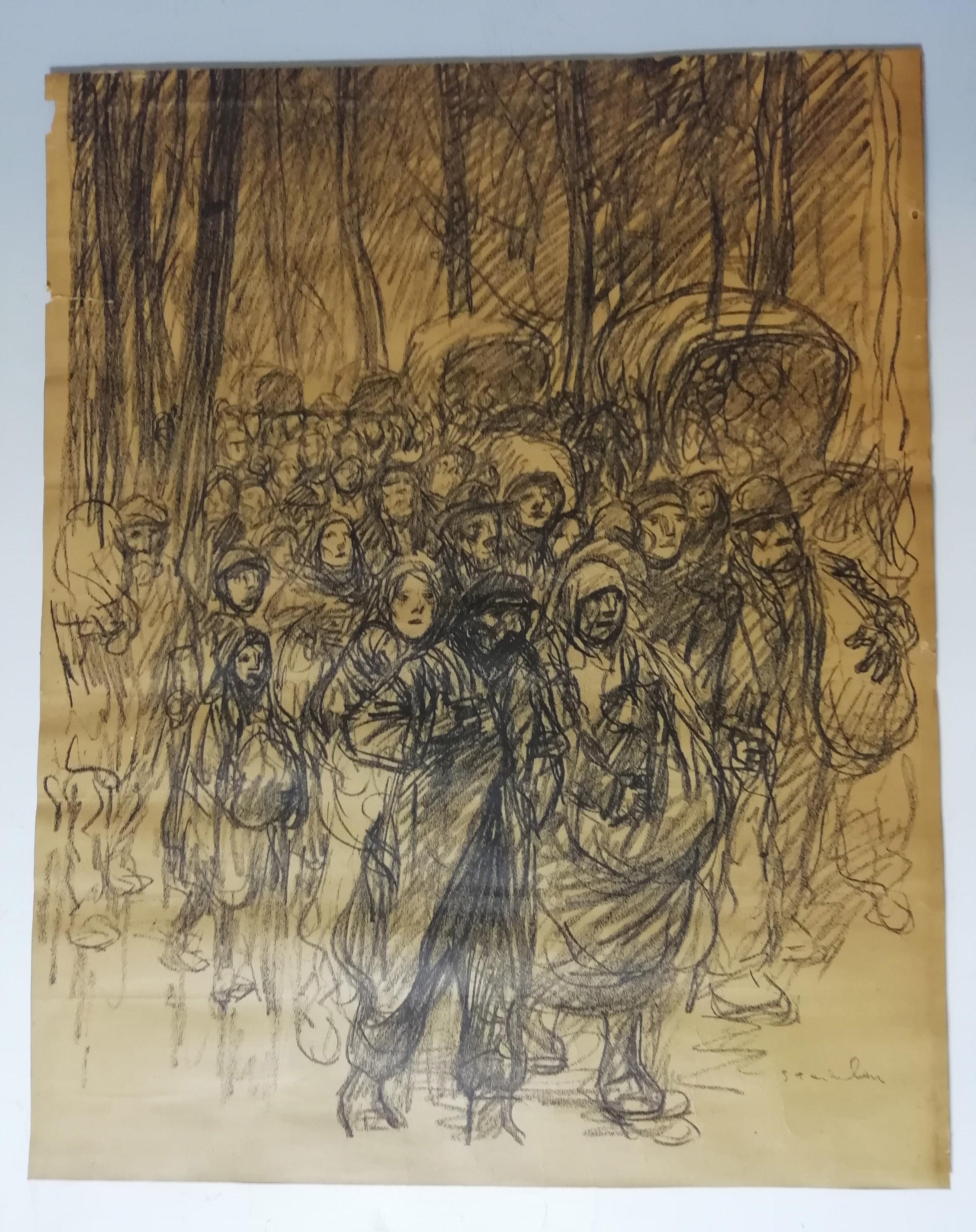 A original charcoal drawing on paper by Théophile Alexandre Steinlen Serbian civilians and soldiers as they head into the mountains

Medium: Charcoal on paper

Signed right corner

Actual size size 49 x 40 cm

Frame 55 x 46 cm

Condition: Small tear