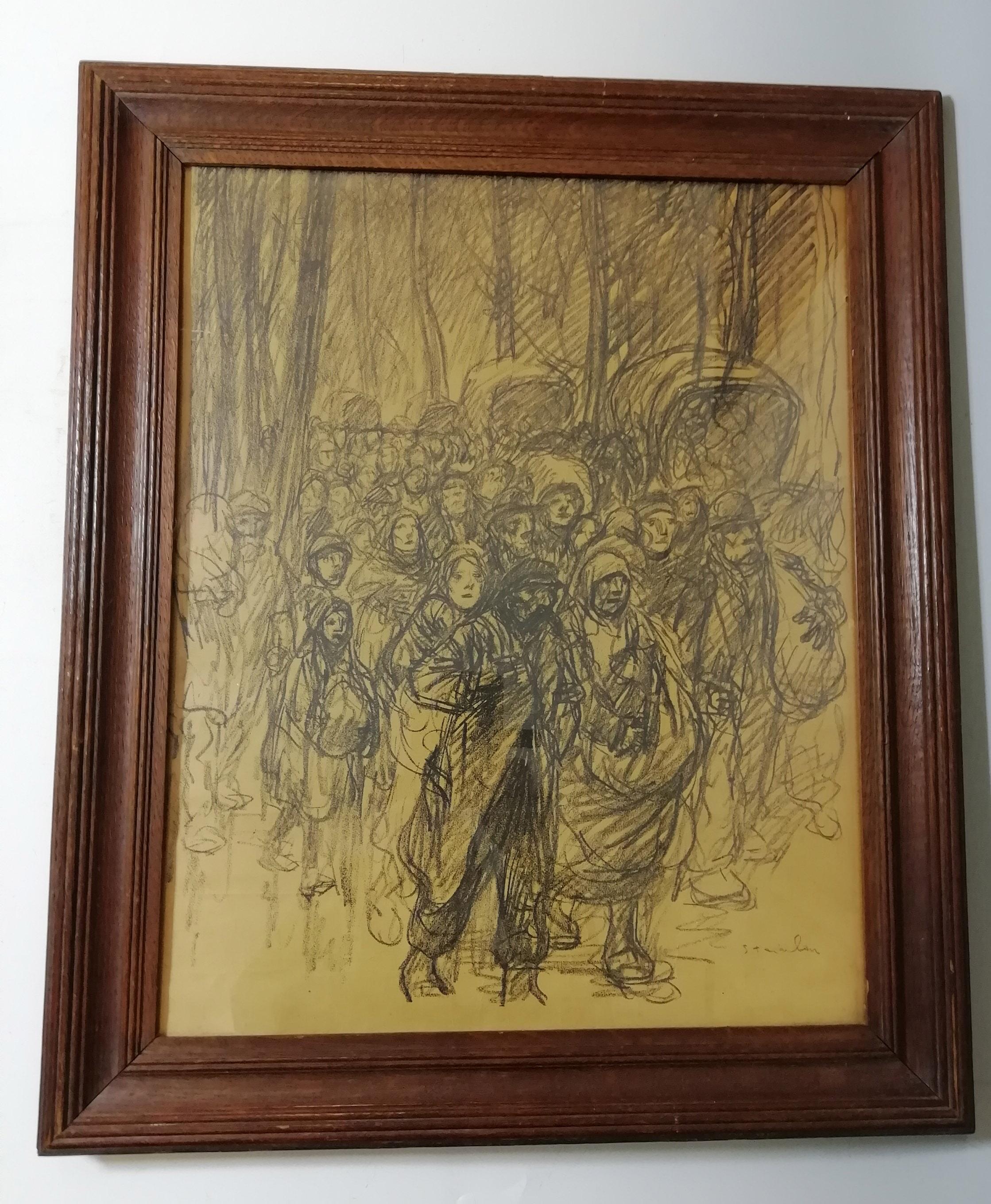 French Théophile Alexandre Steinlen Original Charcoal Drawing Serb Refugees, 1915
