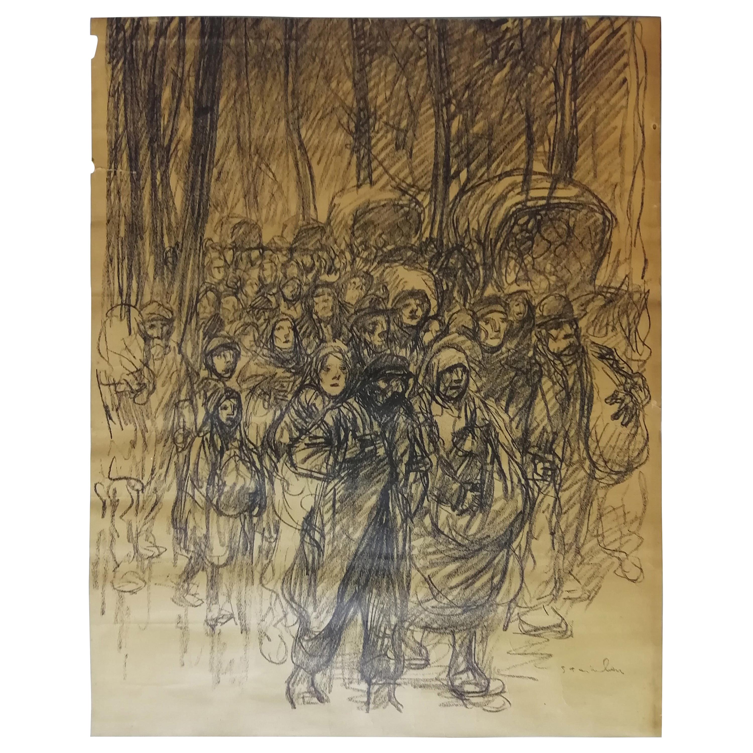 Théophile Alexandre Steinlen Original Charcoal Drawing Serb Refugees, 1915