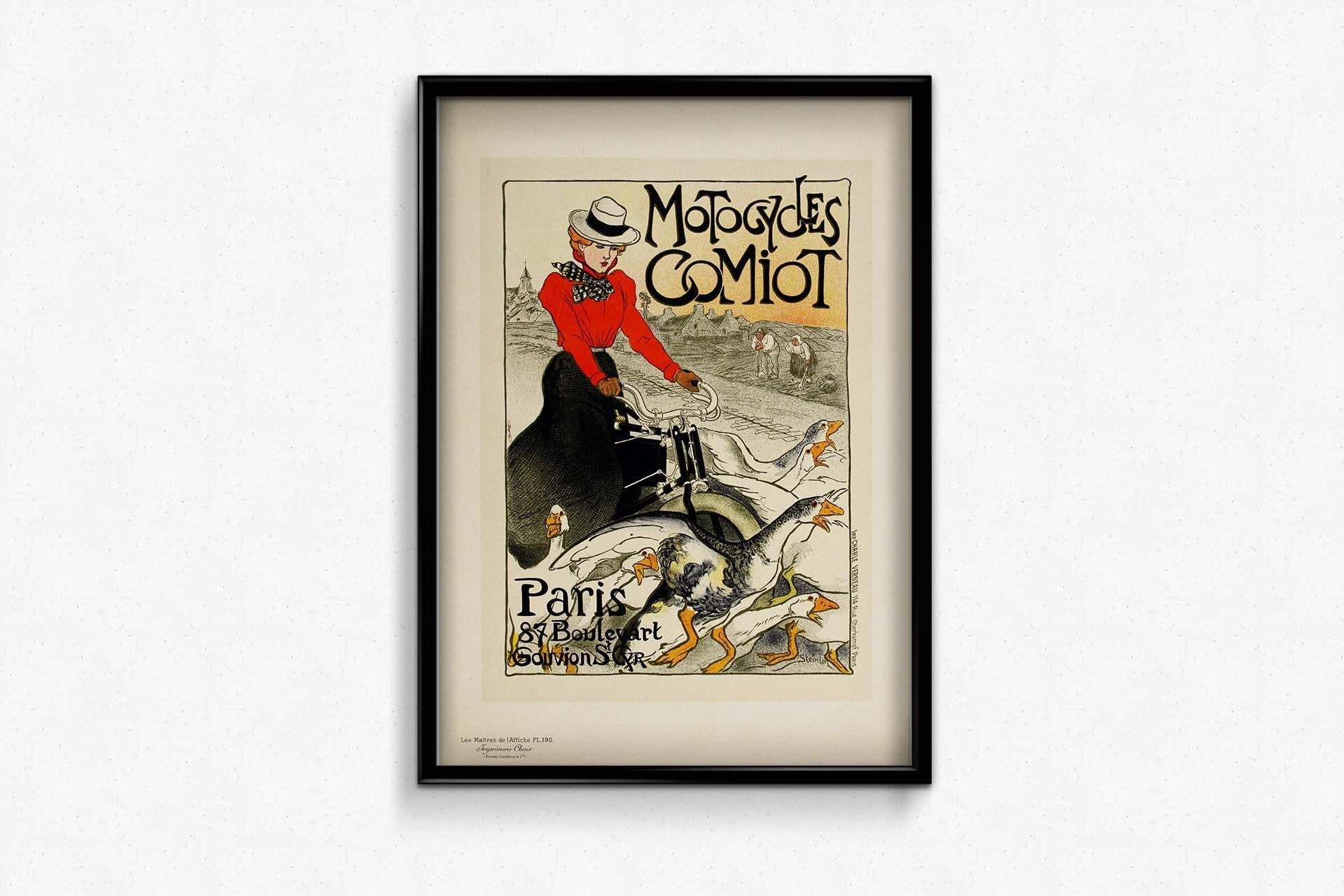 1899 Original poster Motocycles Comiot Paris - Les Maîtres de l'affiche Pl. 190 - Art Nouveau Print by Théophile Alexandre Steinlen