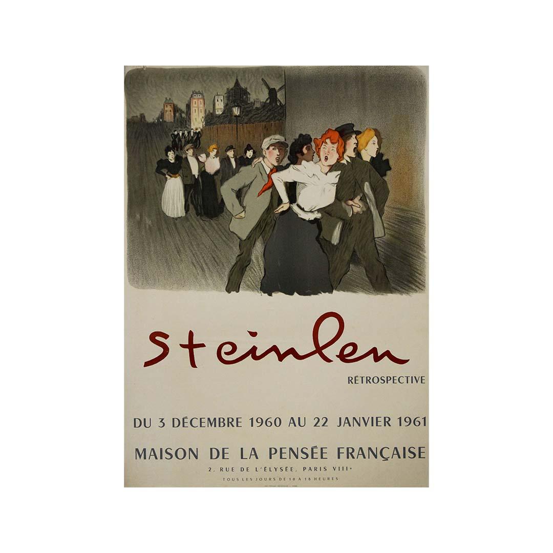 This striking 1961 original exhibition poster was created for the retrospective of Théophile Alexandre Steinlen at the Maison de la Pensée Française in Paris. A master of social realism and Belle Époque illustration, Steinlen is best known for his