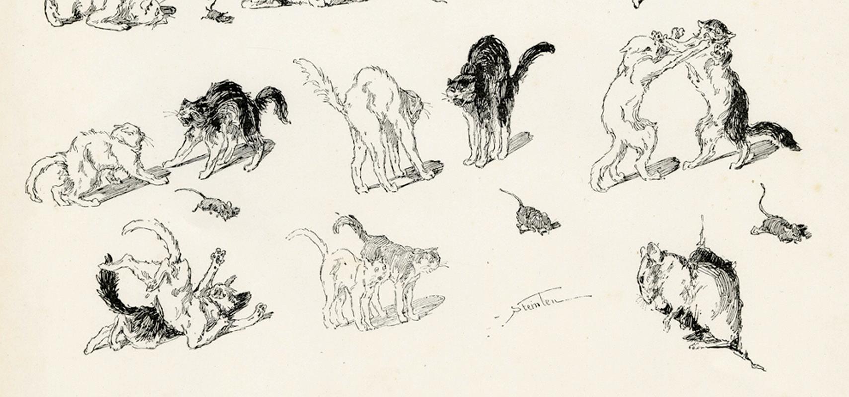 A black and white cat play with a mouse, from Le Chat Noir - Print by Théophile Alexandre Steinlen