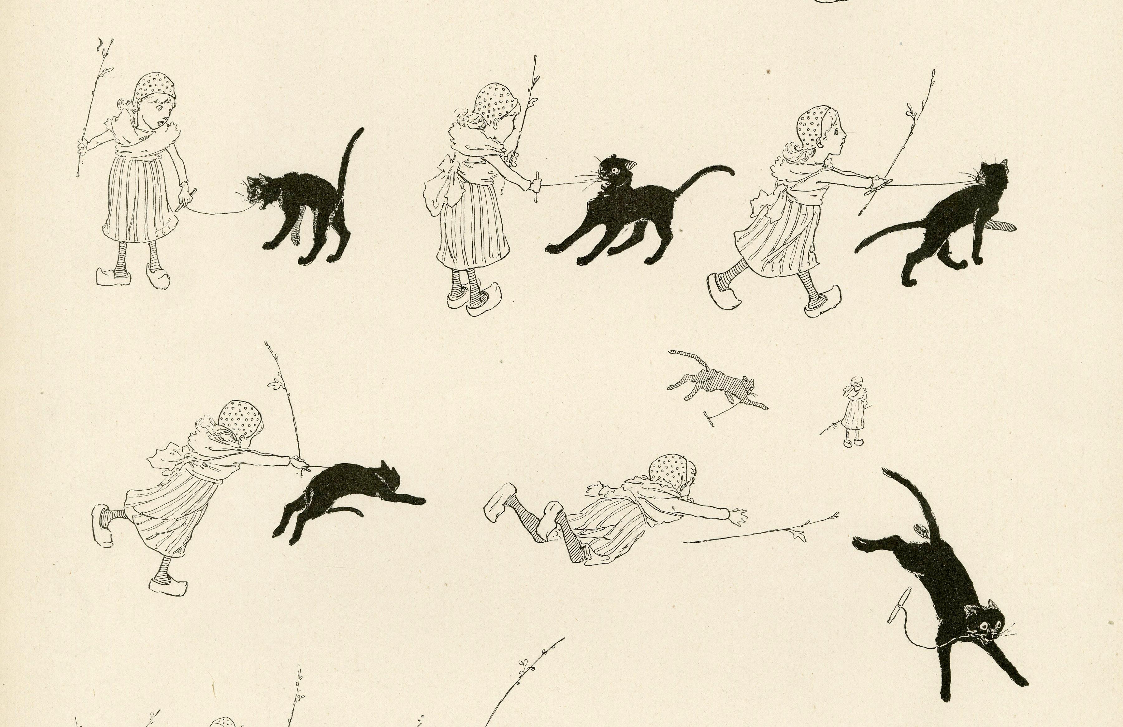 A black cat and a cute little Dutch girl, from Le Chat Noir - Print by Théophile Alexandre Steinlen