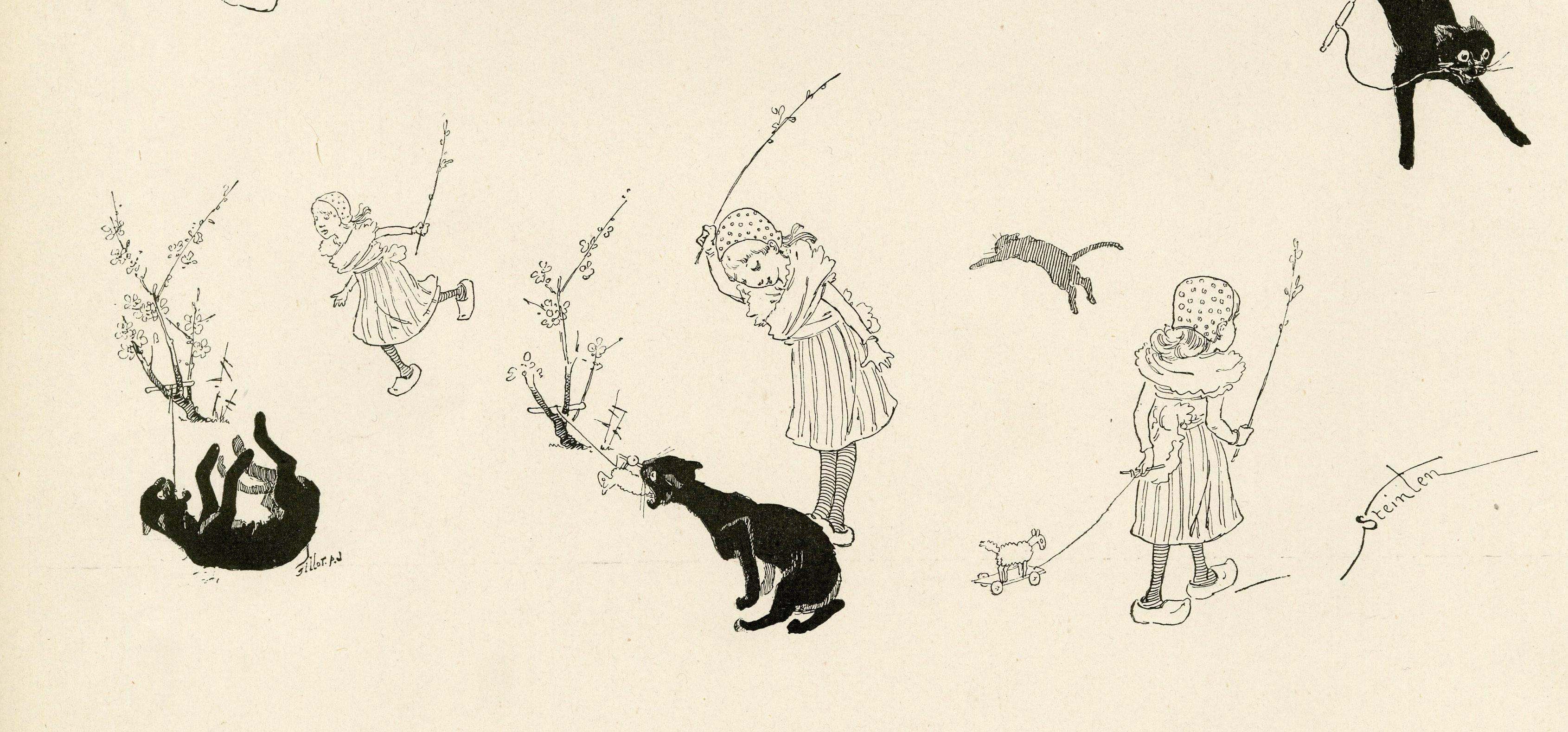 A black cat and a cute little Dutch girl, from Le Chat Noir - White Animal Print by Th�éophile Alexandre Steinlen