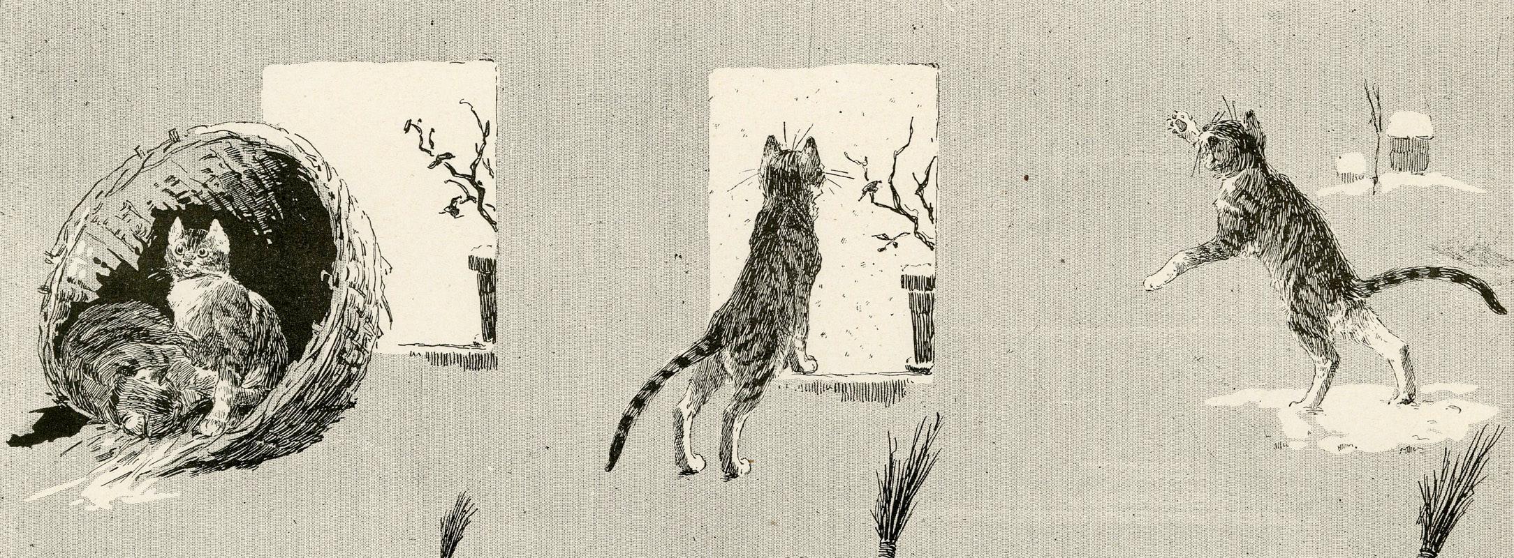 A black cat playing with a Snowman, from Le Chat Noir - Print by Théophile Alexandre Steinlen