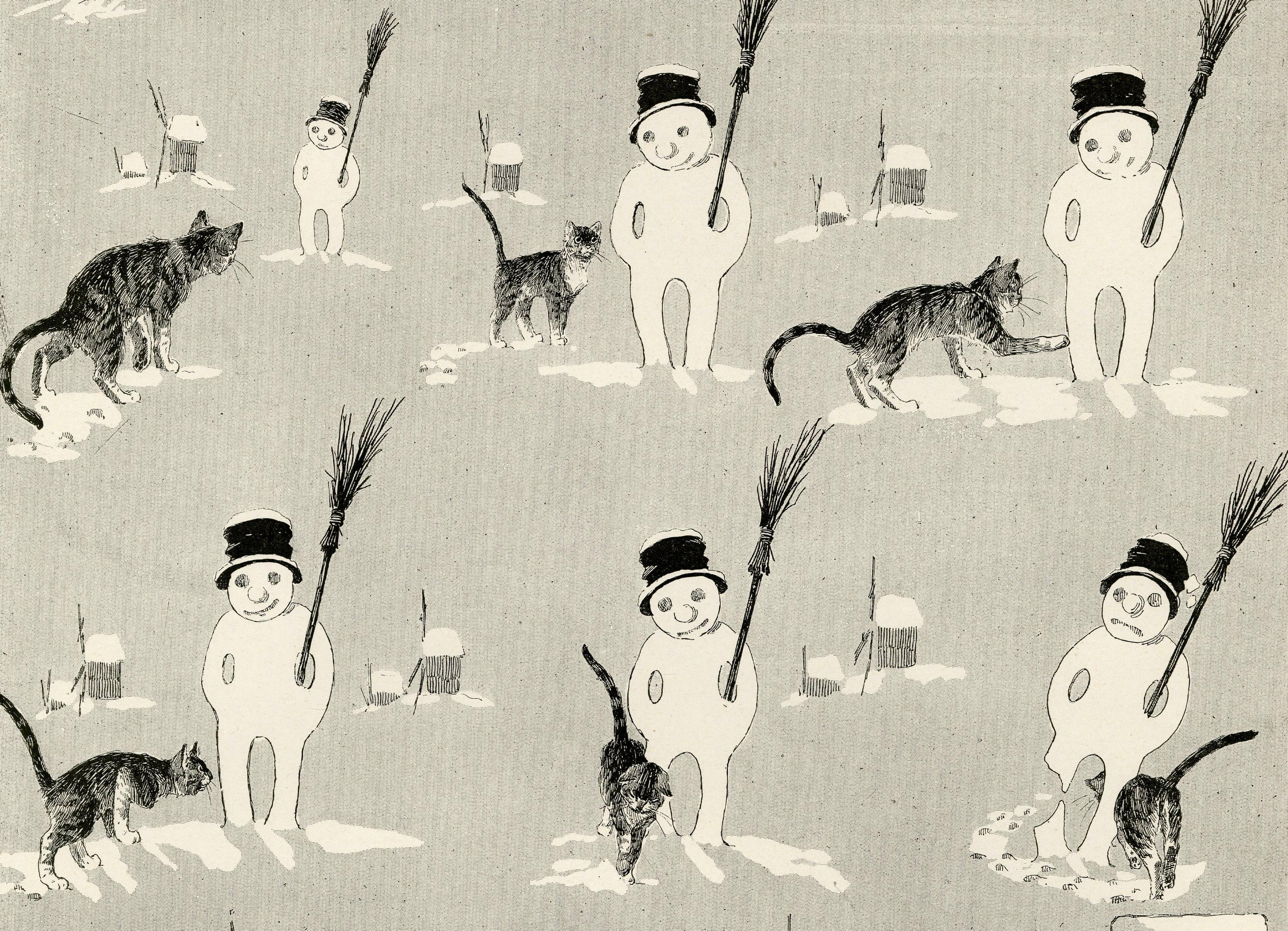 A black cat playing with a Snowman, from Le Chat Noir - Impressionist Print by Théophile Alexandre Steinlen