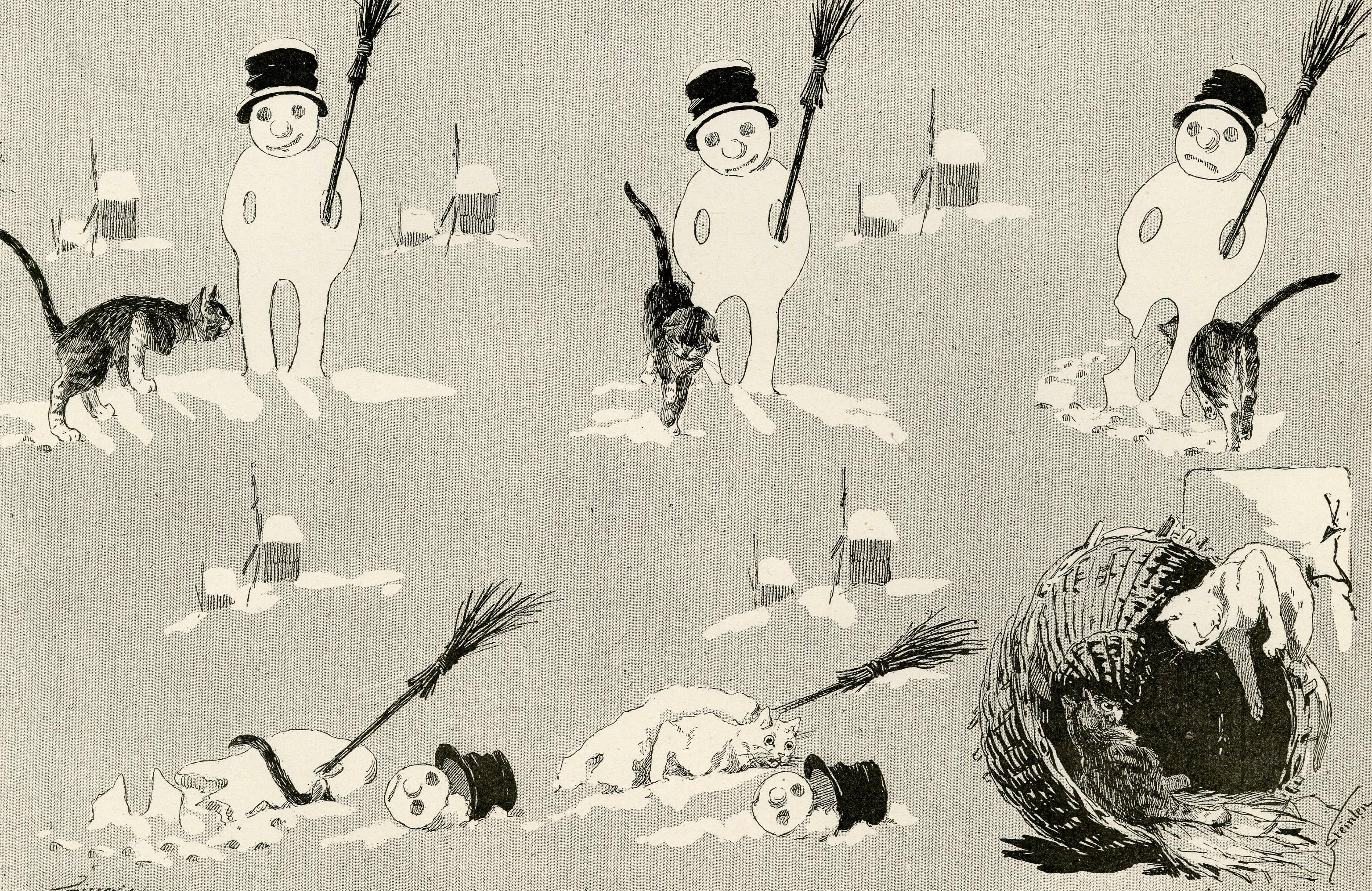 A black cat playing with a Snowman, from Le Chat Noir - Beige Animal Print by Théophile Alexandre Steinlen