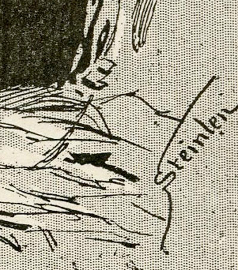 A black cat playing with a Snowman, from Le Chat Noir
Gillotage chromotype, 1898
Signed in the image lower right (see photo)
Cats were a symbol of freedom and bohemia in Montmartre, Paris, where Steinlen lived. 
Printer Charles Verneau 
This print