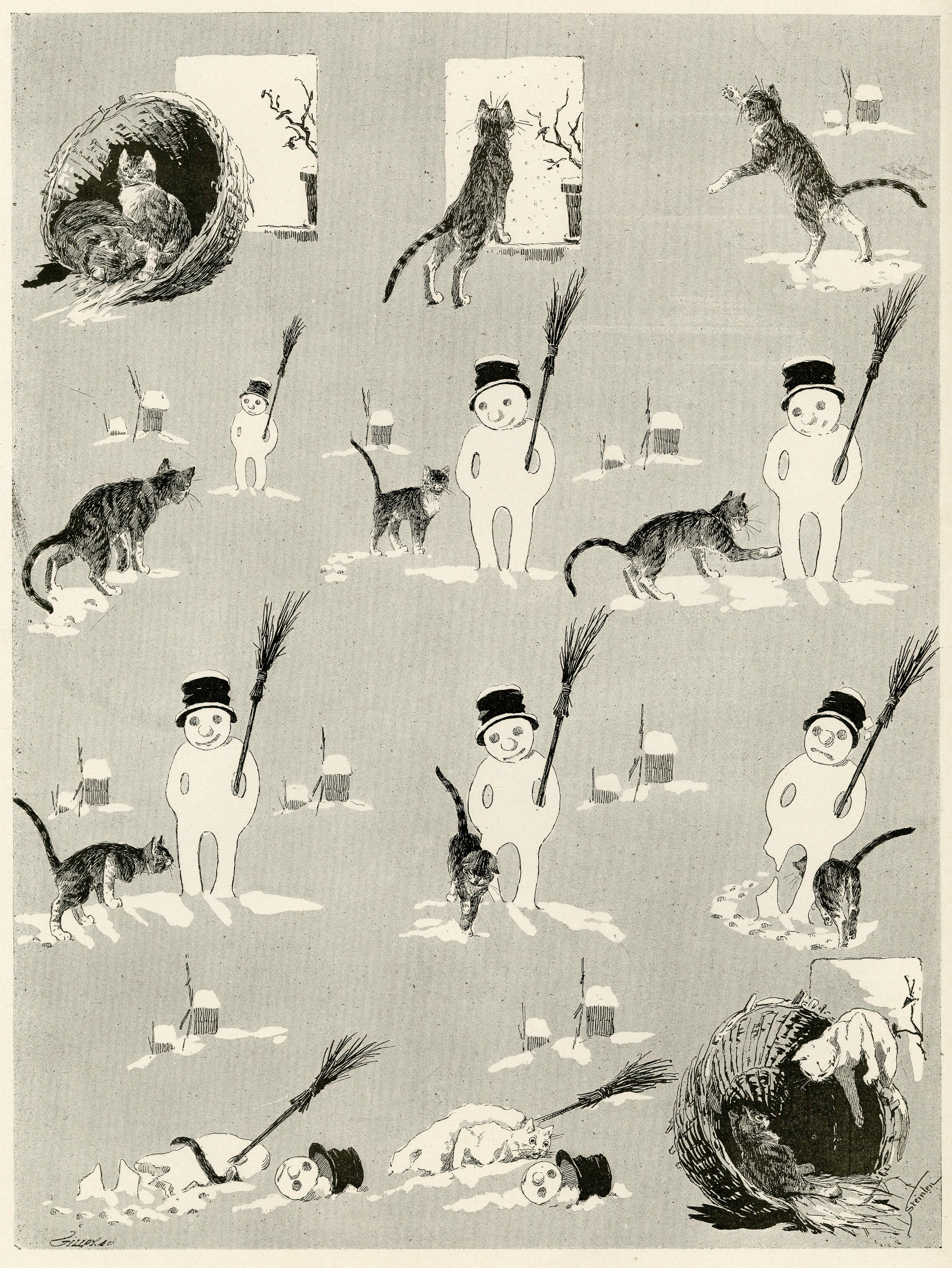 Théophile Alexandre Steinlen Animal Print - A black cat playing with a Snowman, from Le Chat Noir