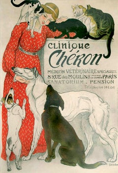 CLINIQUE CHÉRON Lithographie, fille avec chats, chiens, publicité française vintage 58".