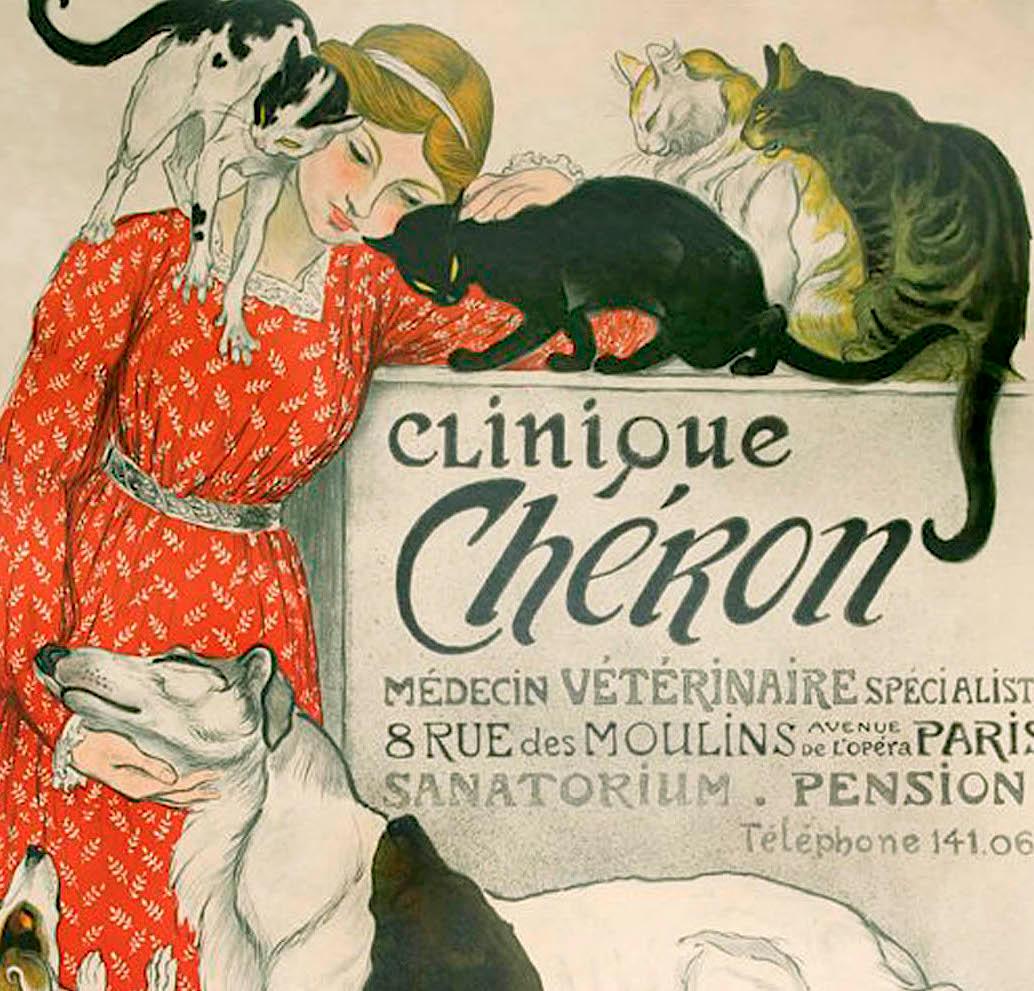 CLINIQUE CHÉRON Lithographie, fille avec chats, chiens, publicité française vintage 58