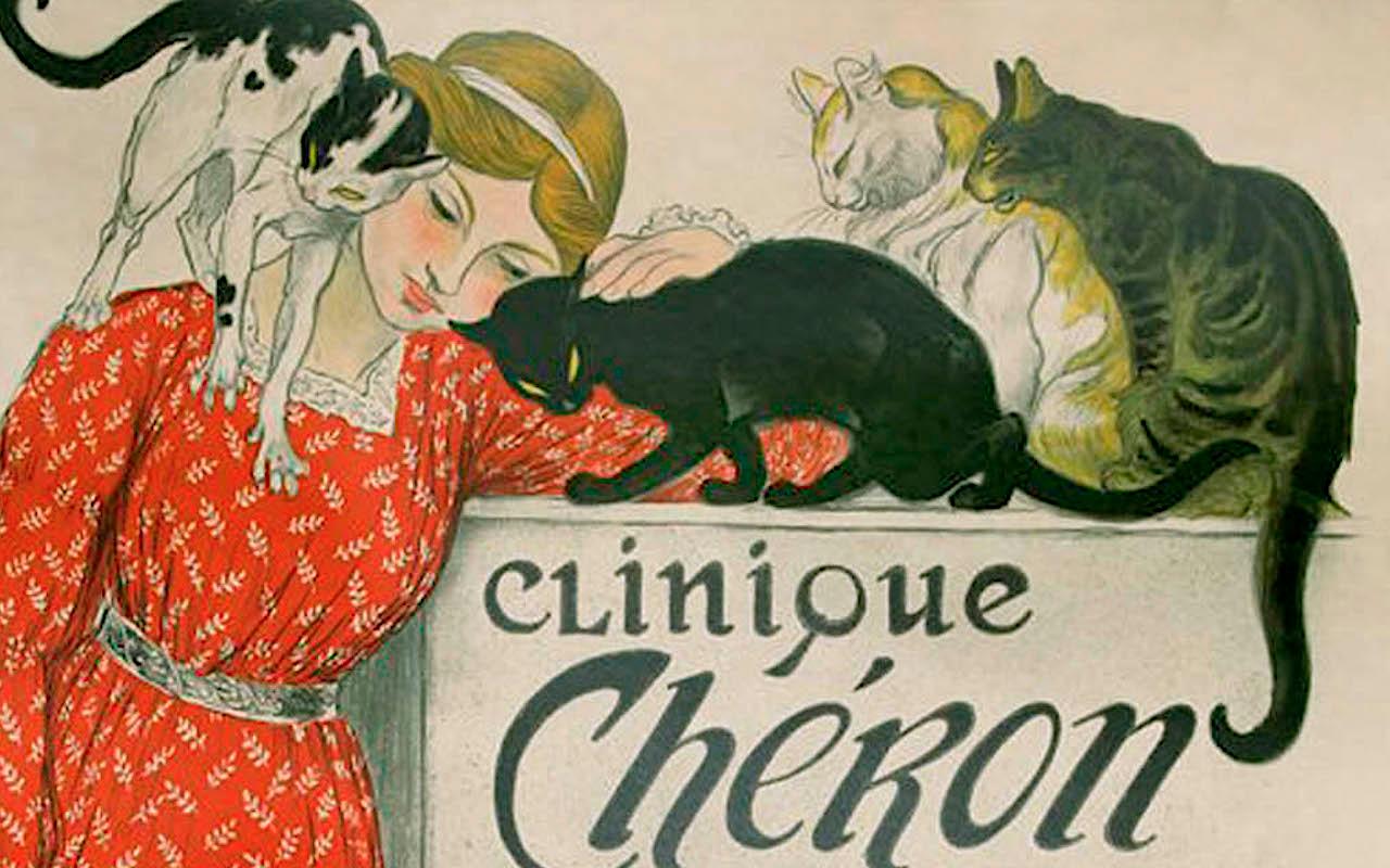 CLINIQUE CHÉRON Lithographie, Mädchen mit Katzen, Hunde, Vintage Französisch Werbung 58