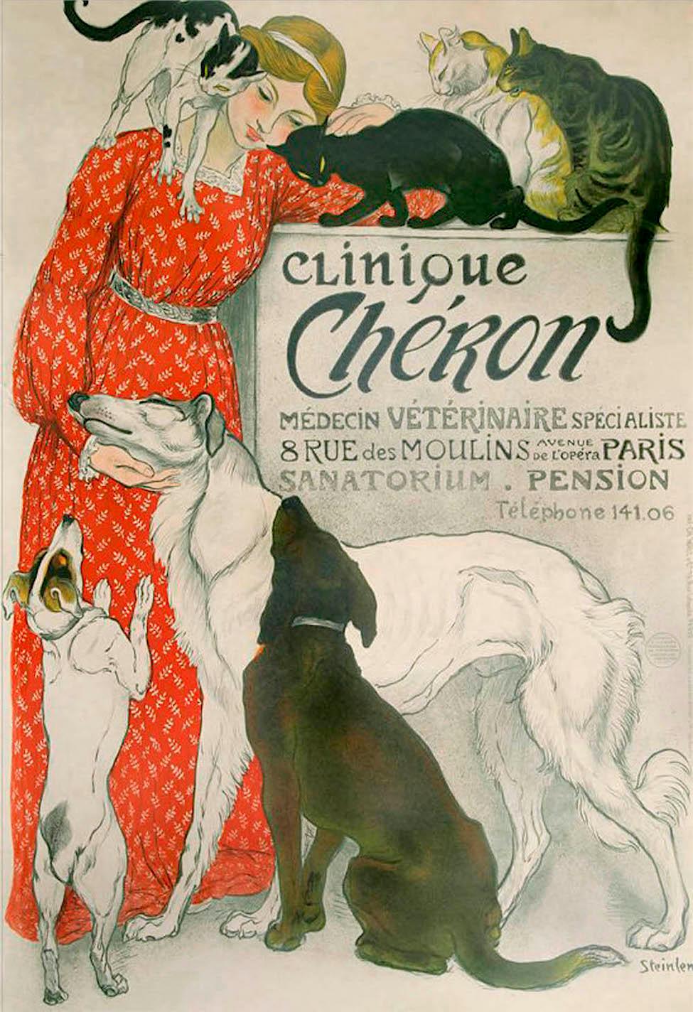 CLINIQUE CHÉRON est une recréation lithographique d'art d'après l'affiche publicitaire française originale de 1905 créée par Théophile Steinlen pour l'entreprise vétérinaire CLINIQUE CHÉRON France.
Fabriqué à la main aux États-Unis par des maîtres
