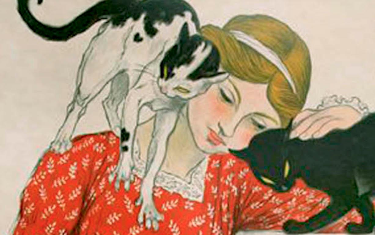 CLINIQUE CHÉRON Lithograph, Girl with Cats, Dogs, Vintage French Advertising 58