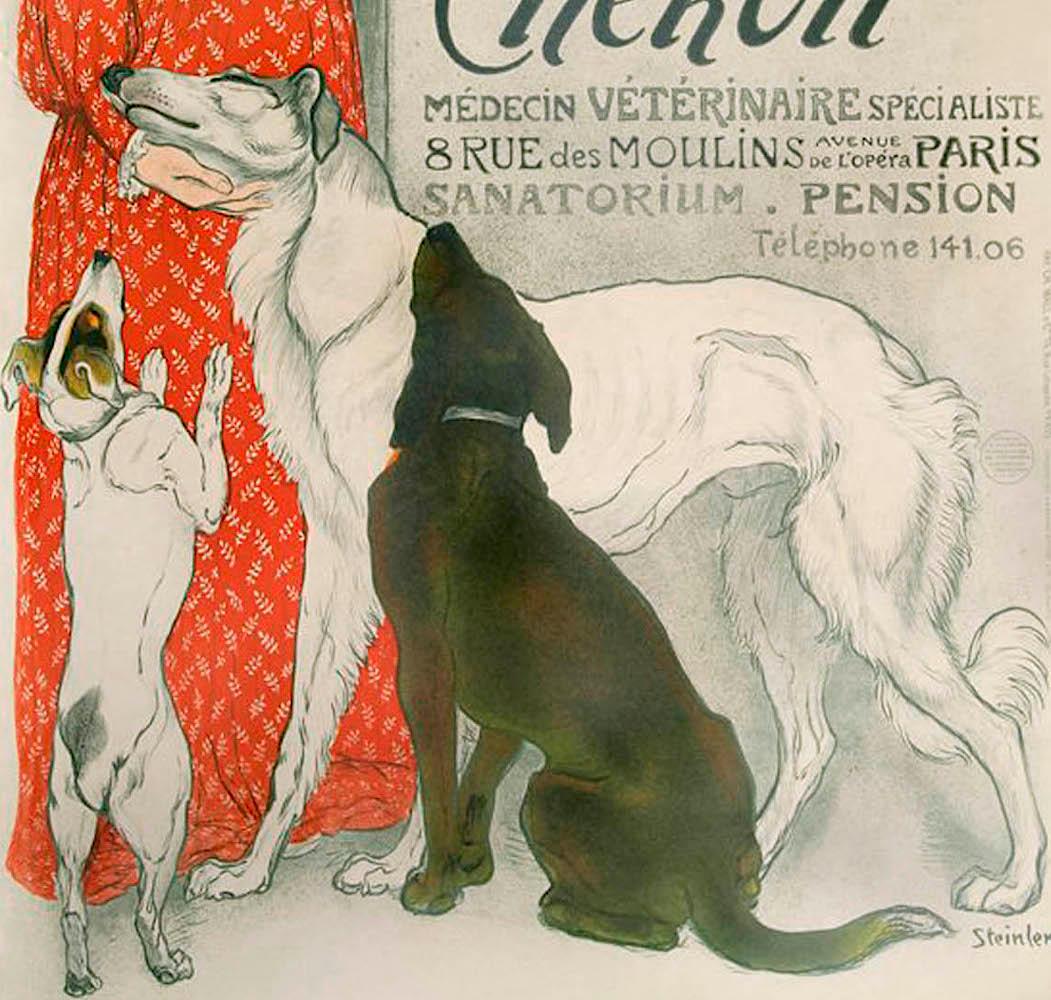 CLINIQUE CHÉRON Lithograph, Girl with Cats, Dogs, Vintage French Advertising 58