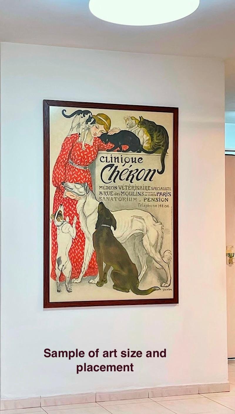 CLINIQUE CHÉRON Lithographie, fille avec chats, chiens, publicité française vintage 58
