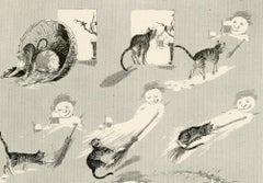 "El gatito se fue por la noche" (Un gato negro jugando con la escoba y el fantasma de Halloween)