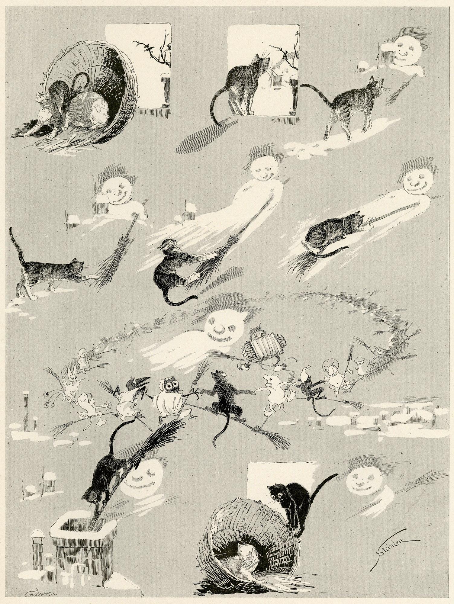 "Kitten Went in the Night" (A black cat playing with broom and Halloween ghost)