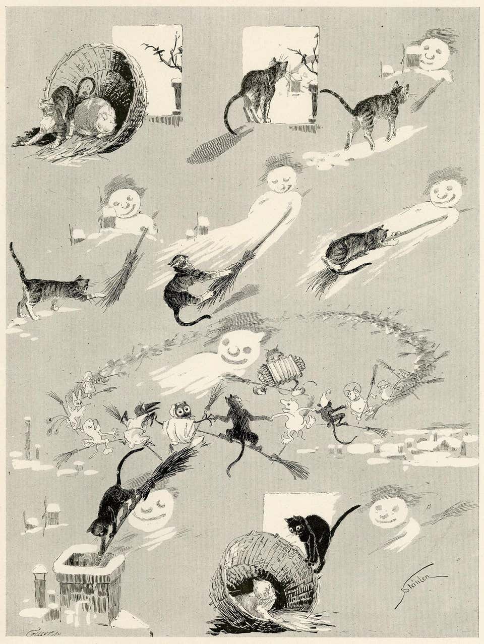 "Kitten Went in the Night" (A black cat playing with broom and Halloween ghost)