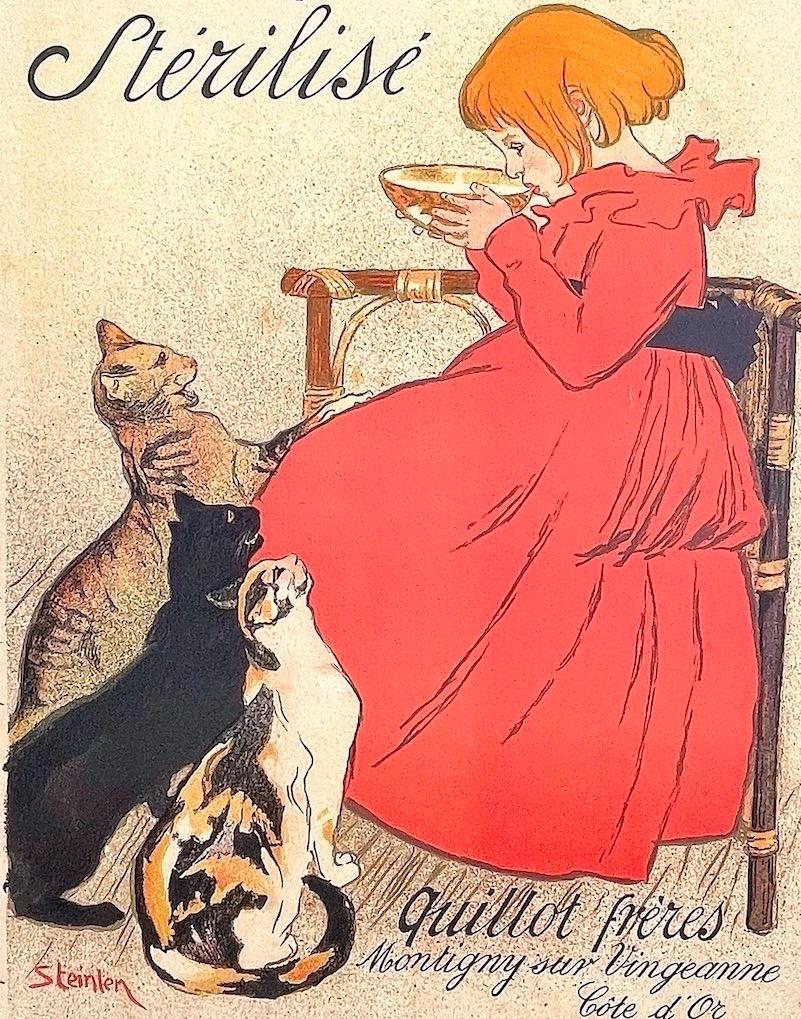 Lait Pur de la Vingeanne Stérilisé, Junges Mädchen, Katzen, Klassische französische Werbung – Print von Théophile Alexandre Steinlen