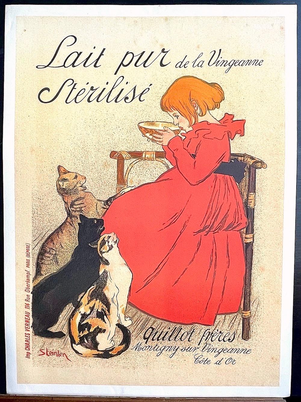 Lait Pur de la Vingeanne Stérilisé ist ein lithografischer Offsetdruck nach dem Original-Werbeplakat von Théophile Steinlen aus den Jahren 1894-95 der Belle Epoque, gedruckt im 4-Farben-Offsetdruck auf schwerem Archivpapier. Lait Pur de la Vingeanne