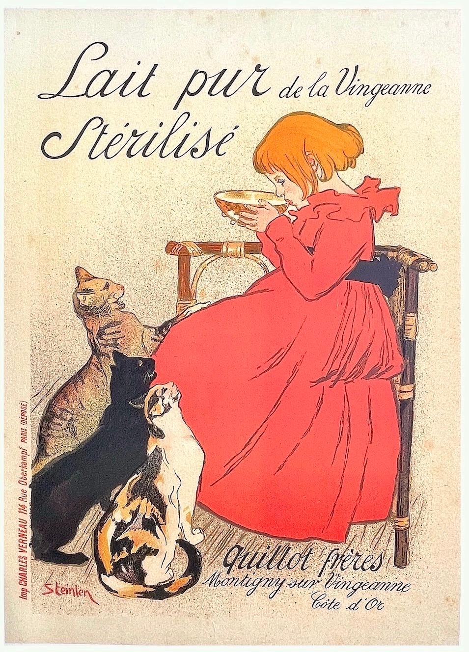 Théophile Alexandre Steinlen Animal Print - Lait Pur de la Vingeanne Stérilisé, Young Girl, Cats, Vintage French Advertising