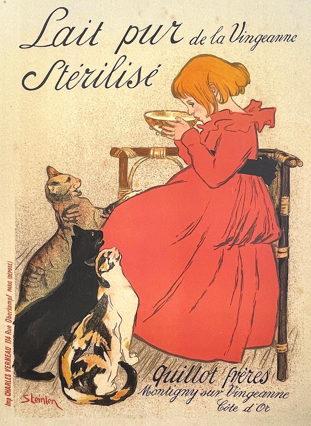 Lait Pur de la Vingeanne Stérilisé, Young Girl, Cats, Vintage French Advertising - Print by Théophile Alexandre Steinlen