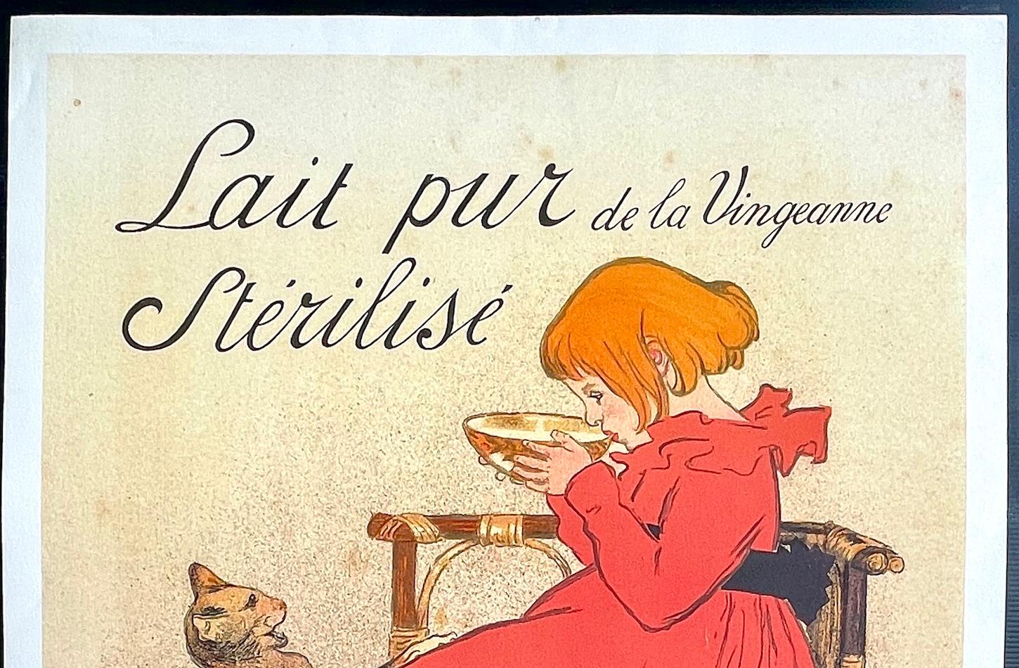 Lait Pur de la Vingeanne Stérilisé, Young Girl, Cats, Vintage French Advertising - Art Nouveau Print by Théophile Alexandre Steinlen