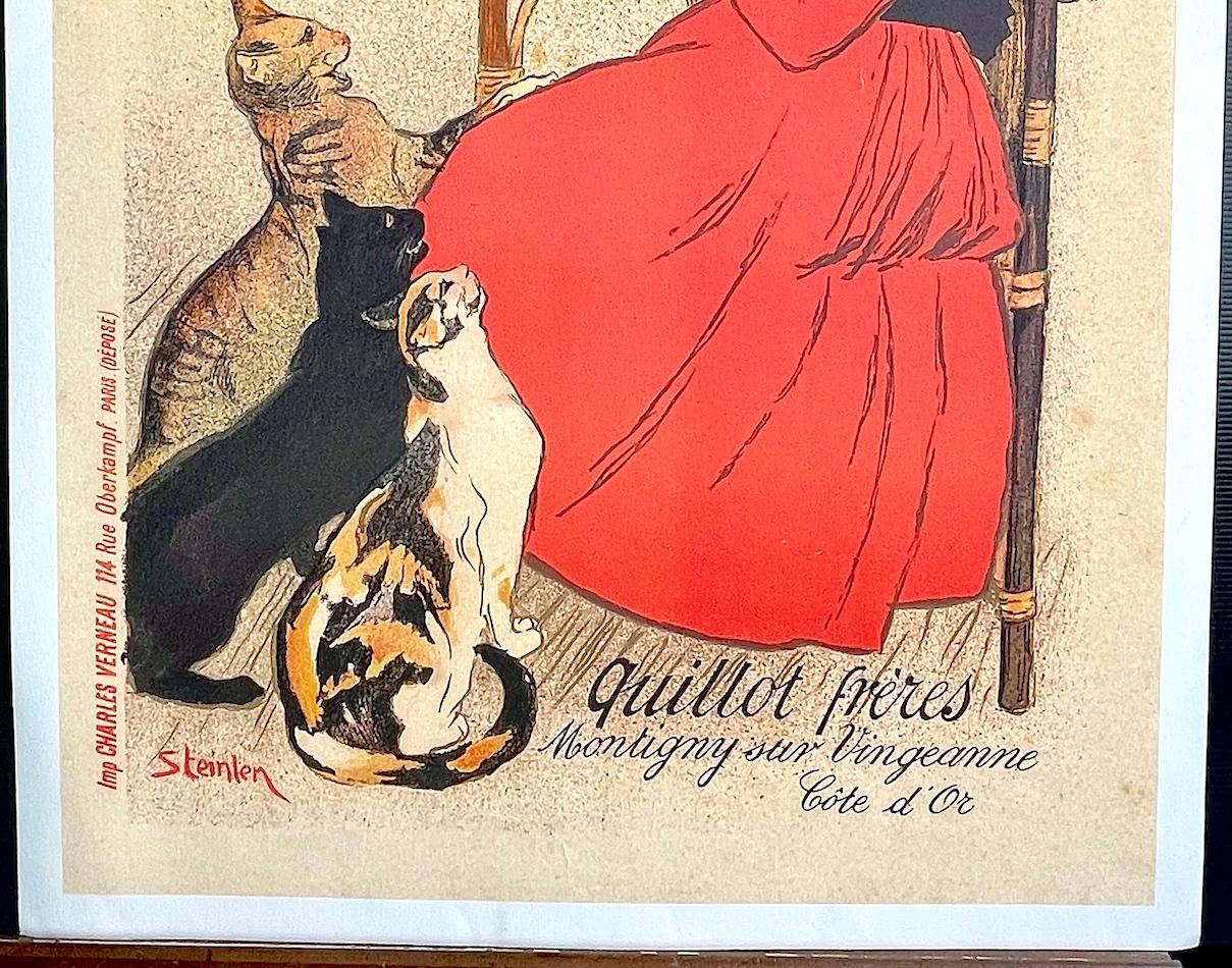 Lait Pur de la Vingeanne Stérilisé, Young Girl, Cats, Vintage French Advertising - Orange Animal Print by Théophile Alexandre Steinlen