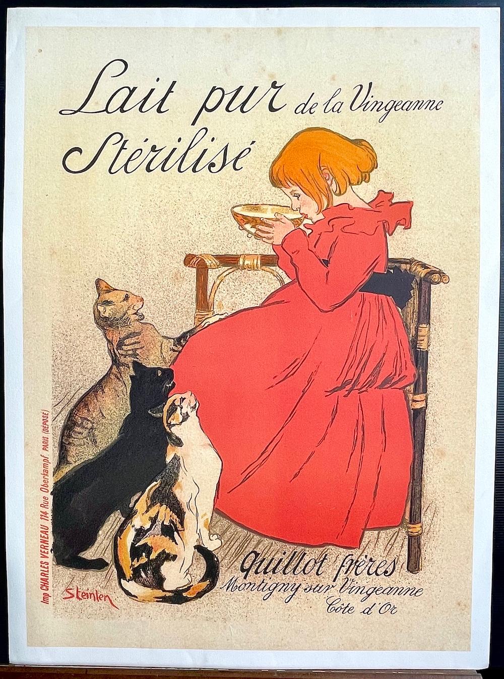 Lait Pur de la Vingeanne Stérilisé, Young Girl, Cats, Vintage French Advertising For Sale 1