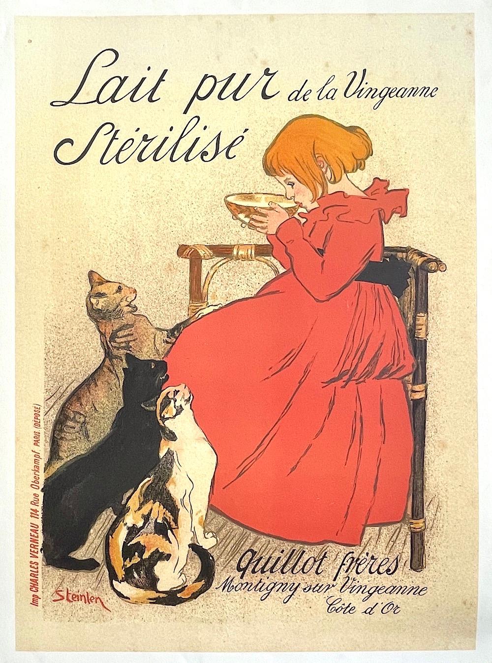 Théophile Alexandre Steinlen Animal Print - Lait Pur de la Vingeanne Stérilisé, Young Girl, Cats, Vintage French Advertising