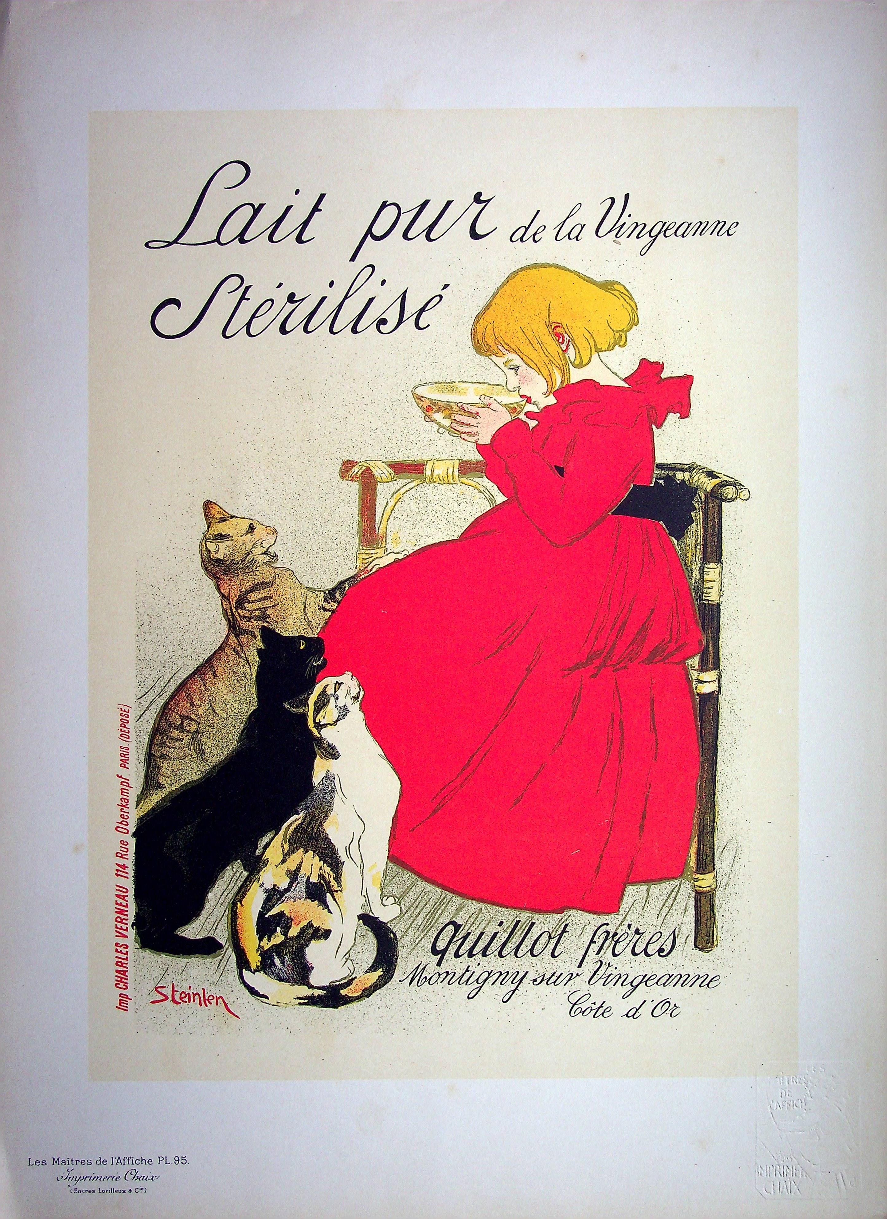 Théophile Alexandre STEINLEN
Girl with Cats (Lait Pur sterilise), 1897

Stone lithograph
Printed signature in the plate
On vellum 
Size 39 x 29 cm (c. 15.3 x 11.4