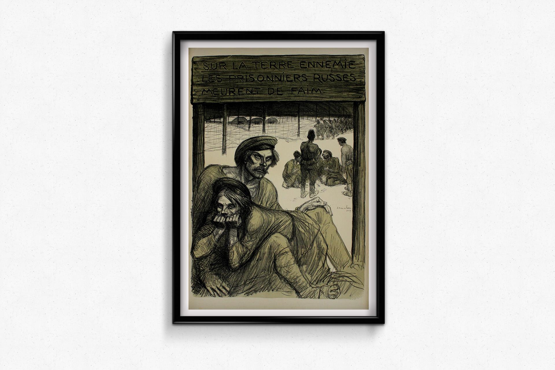 Cette obsédante affiche lithographique originale de 1917 du célèbre artiste franco-suisse Théophile Russ a été créée pendant les dernières années de la Première Guerre mondiale. Le titre lapidaire, 