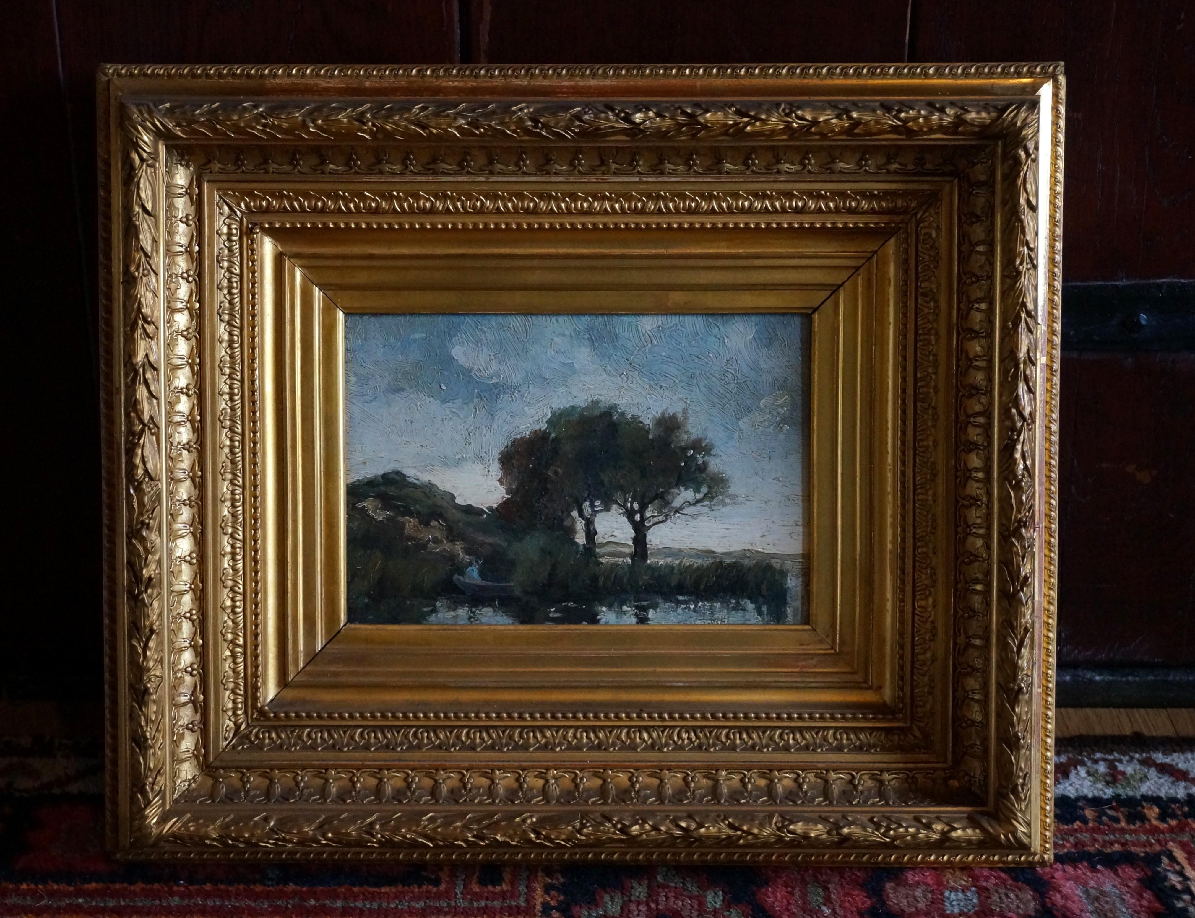 Landscape with fisherman, impressionist painting, school of Barbizon/The Hague  - Painting by Théophile de Bock
