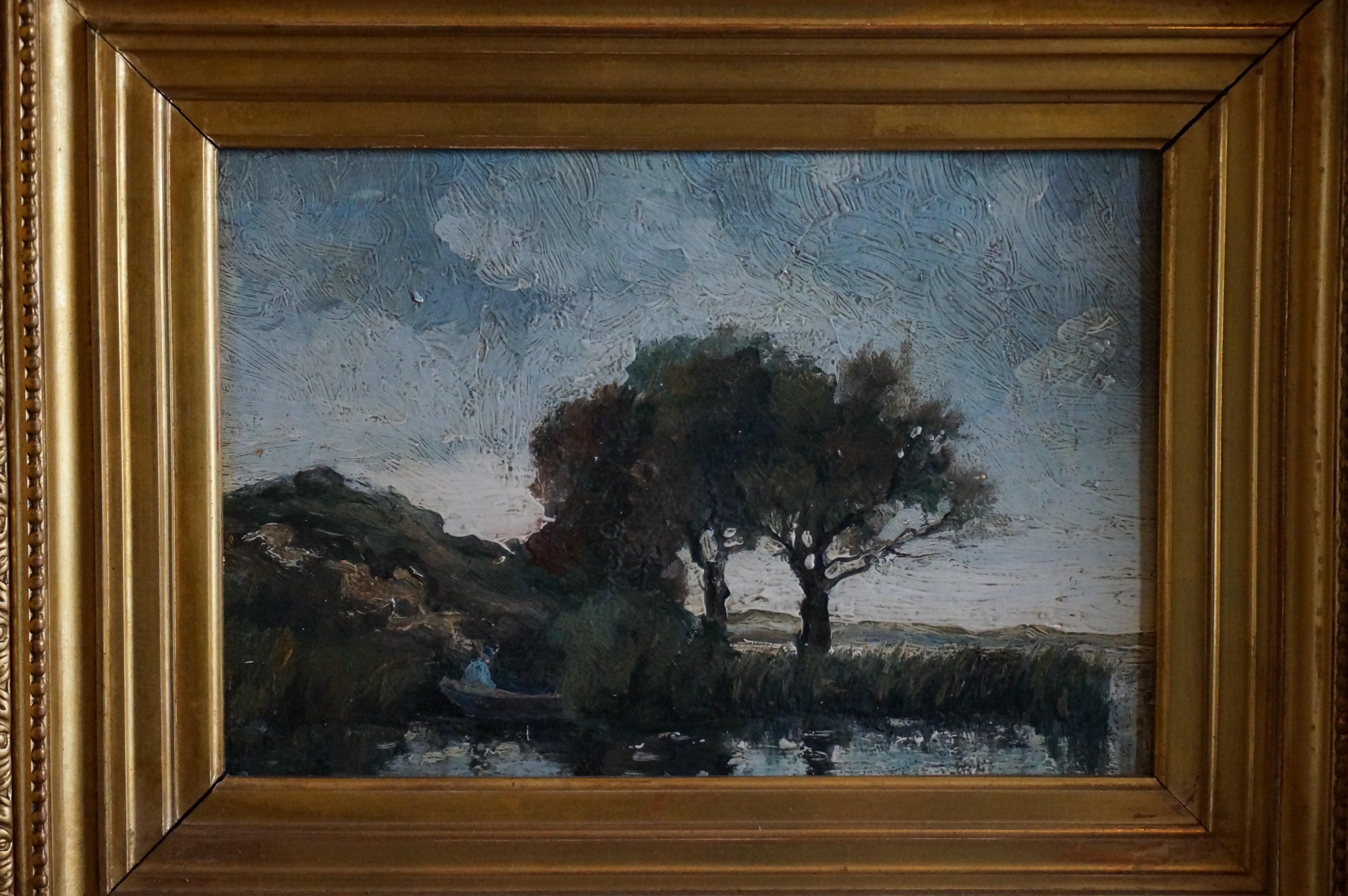 Landscape with fisherman, impressionist painting, school of Barbizon/The Hague  - Impressionist Painting by Théophile de Bock