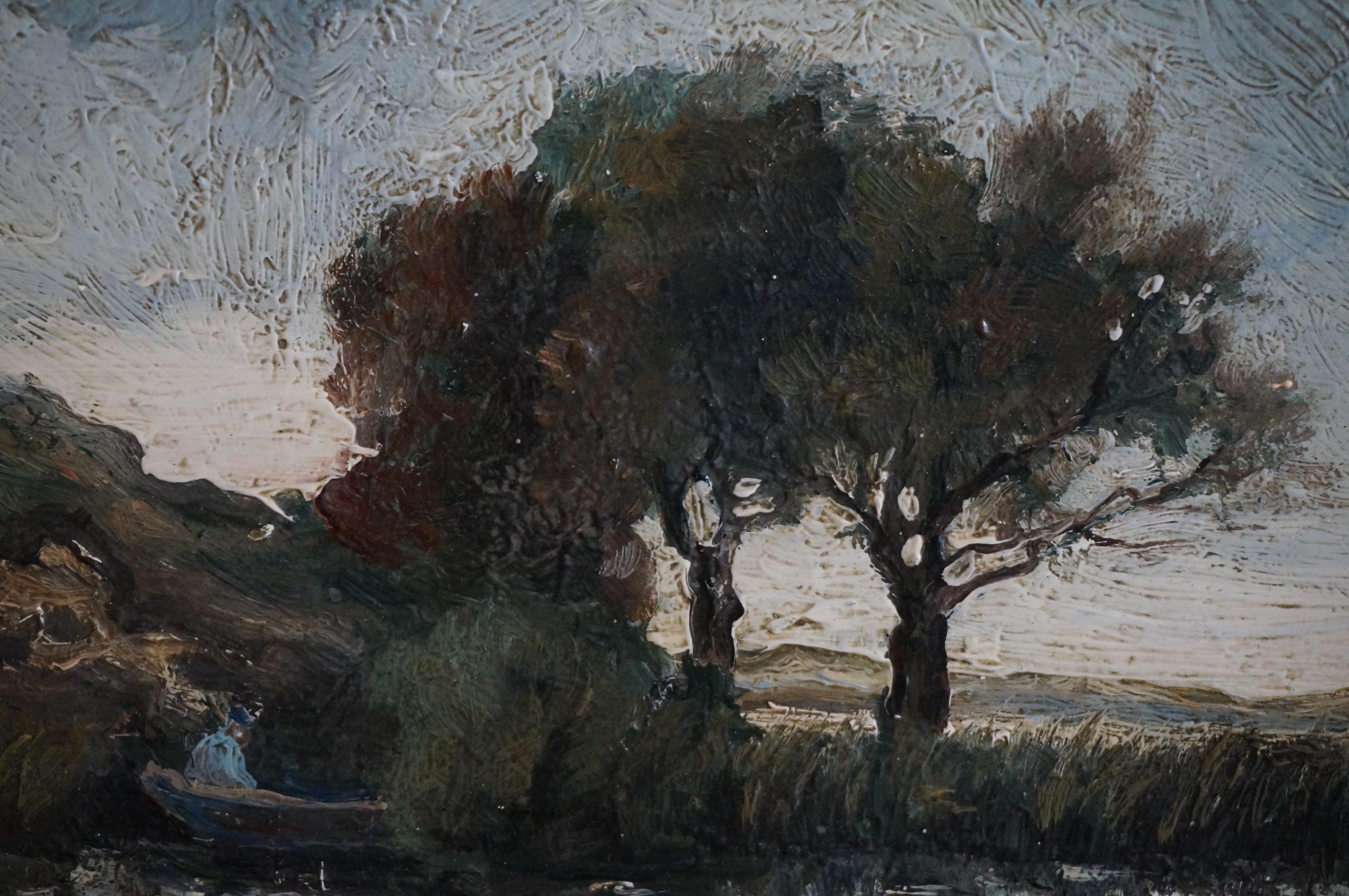 Landscape with fisherman, impressionist painting, school of Barbizon/The Hague  - Gray Landscape Painting by Théophile de Bock