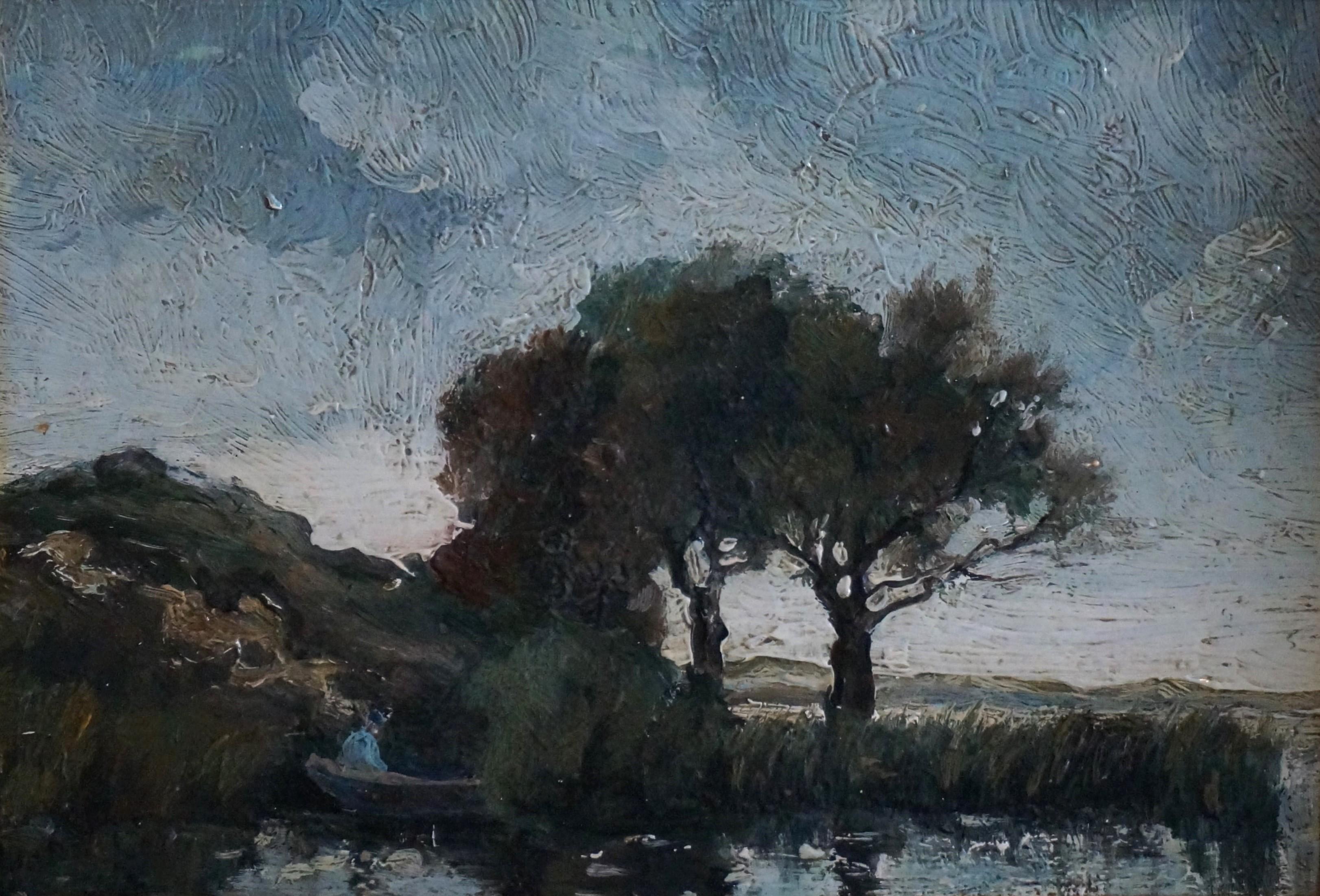 Théophile de Bock Landscape Painting - Landscape with fisherman, impressionist painting, school of Barbizon/The Hague 