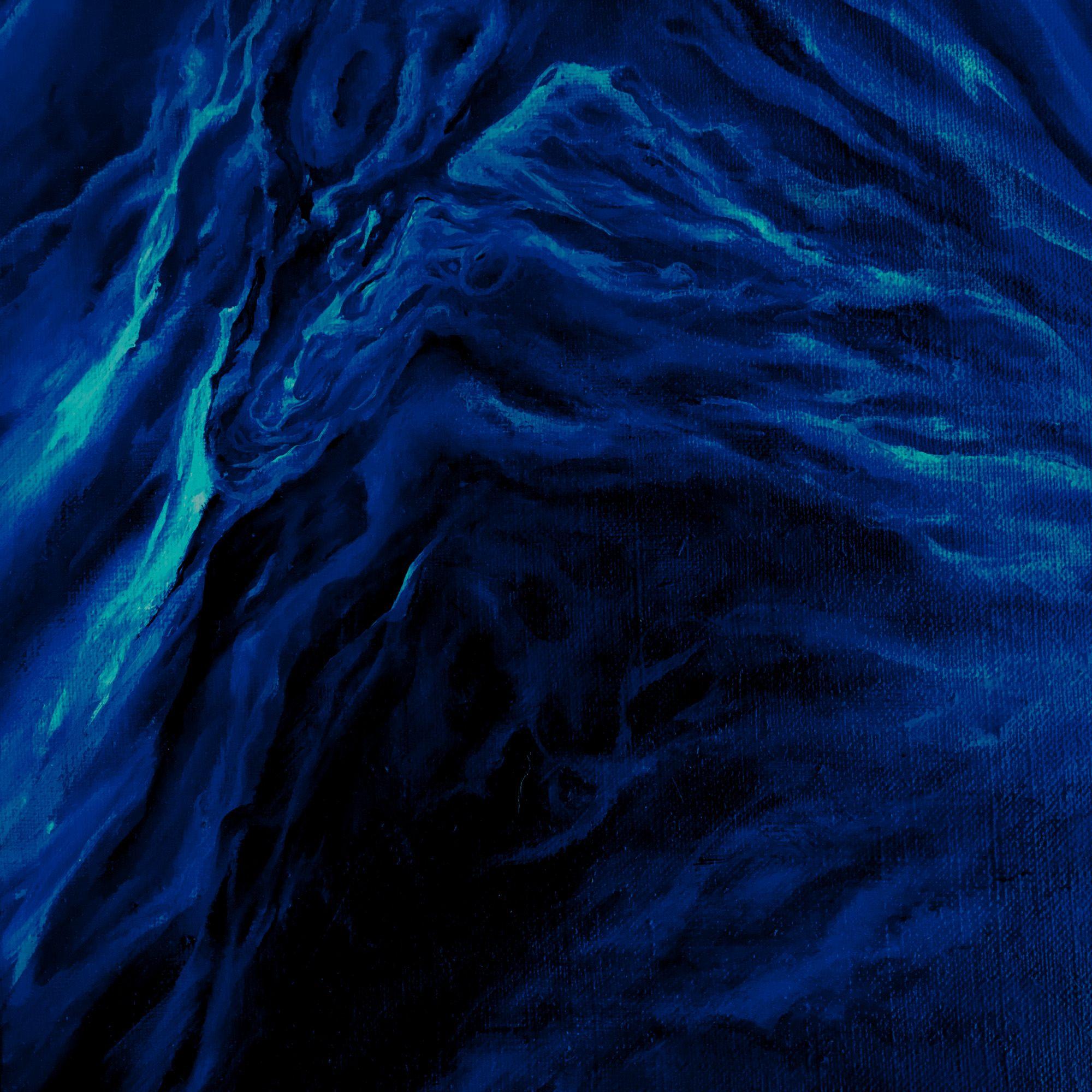 C'est comme une vague, un raz-de-marée, émergeant d'un océan profond et abyssal, en bleu de Prusse, outremer et turquoise. C'est une nature océanique d'où s'échappent oiseaux et poissons sur le flanc d'une improbable montagne bleu de Prusse et