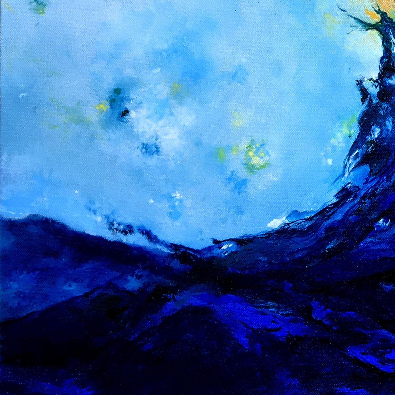 Like an explosion, an extraction, the tearing of the cocoon, where the three elements come together to welcome a birth...  Abstract expressionism painting made in February 2020. Its main colour is blue, shades of sky blue, ultramarine and turquoise.