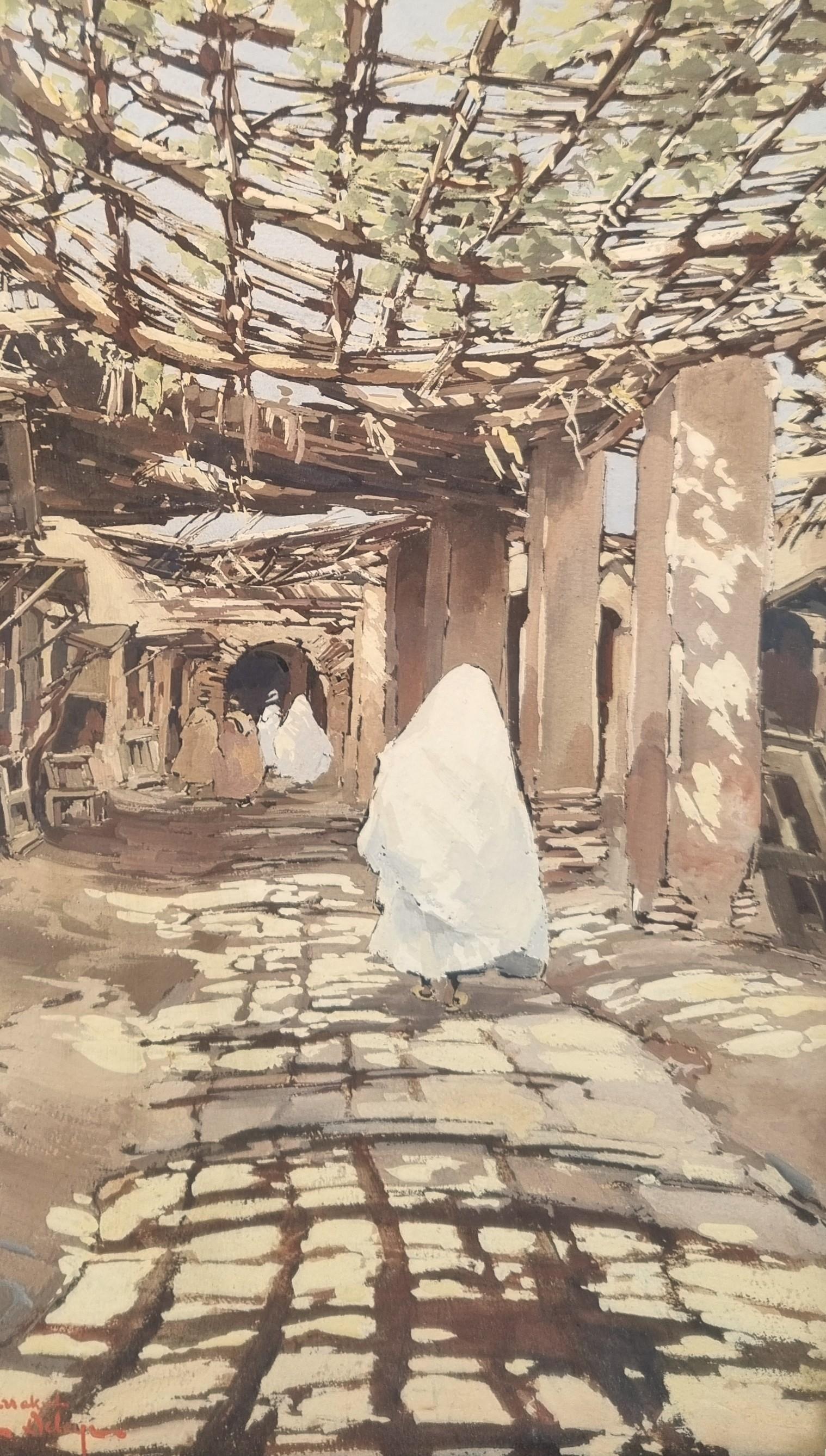Französisch Orientalist Gouache Souk Marrakech Marokko 20. – Painting von Theophile Jean DELAYE