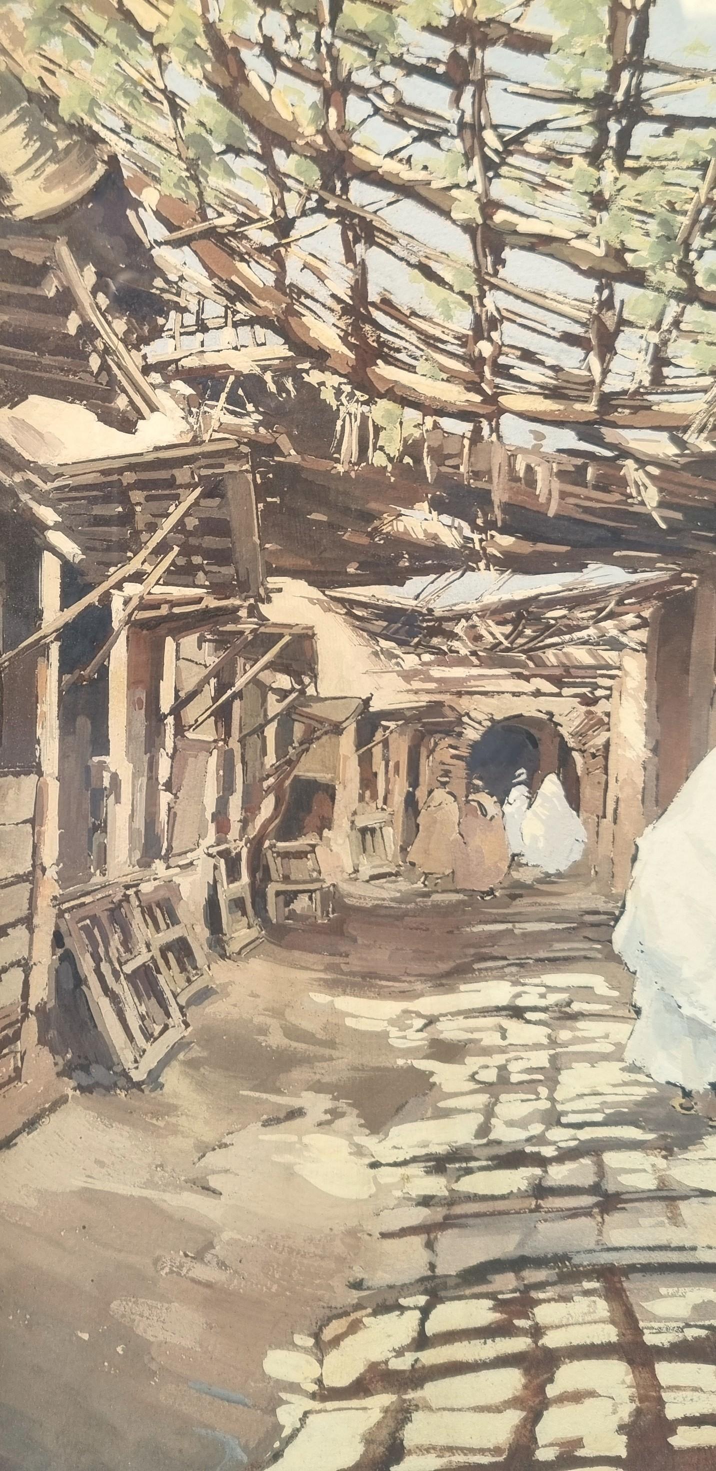 Französisch Orientalist Gouache Souk Marrakech Marokko 20. (Art déco), Painting, von Theophile Jean DELAYE