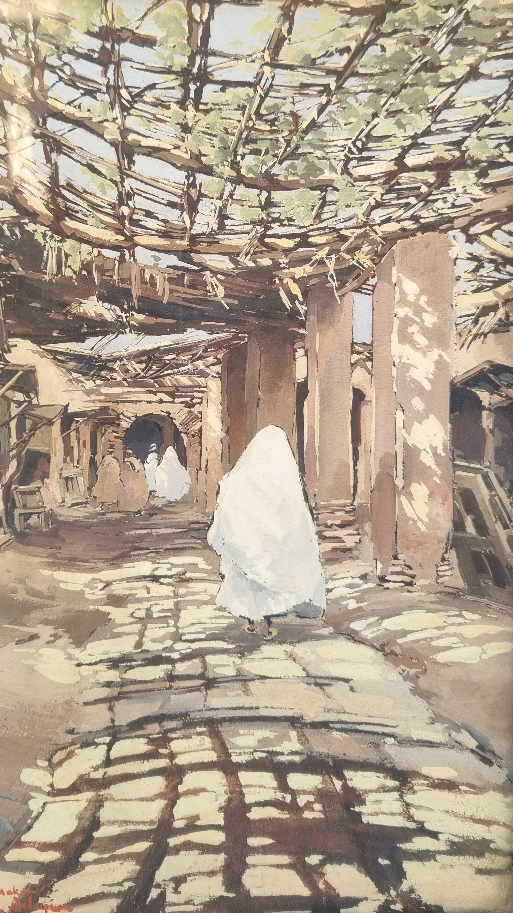 Französisch Orientalist Gouache Souk Marrakech Marokko 20. (Beige), Landscape Painting, von Theophile Jean DELAYE