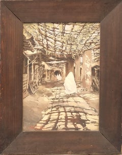 French Orientalist Gouache Souk Marrakech Marocco 20th