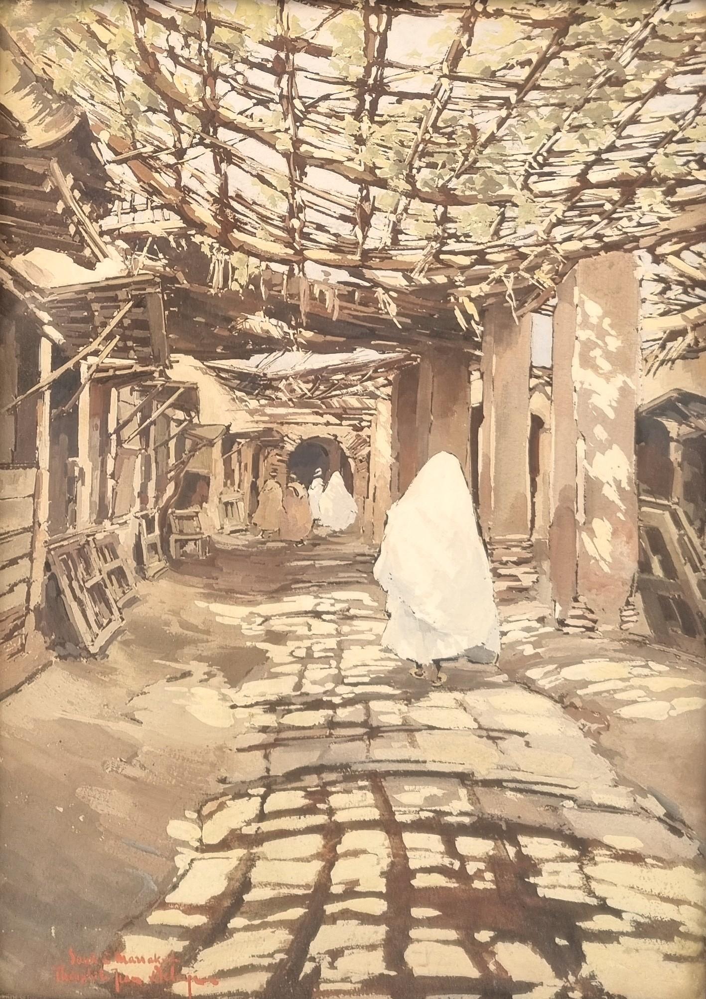 French Orientalist Gouache Souk Marrakech Marocco 20th