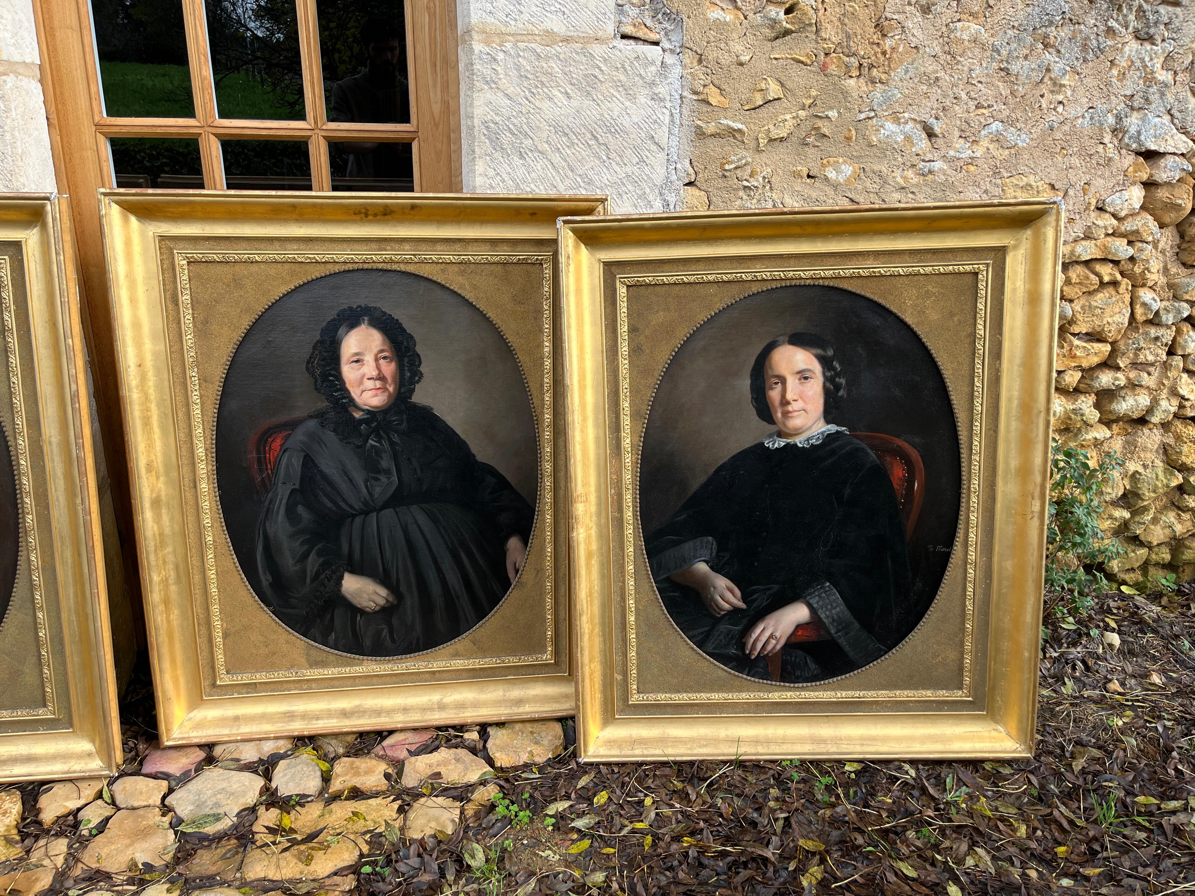 Four large family portraits - French School Painting by Theophile Morel
