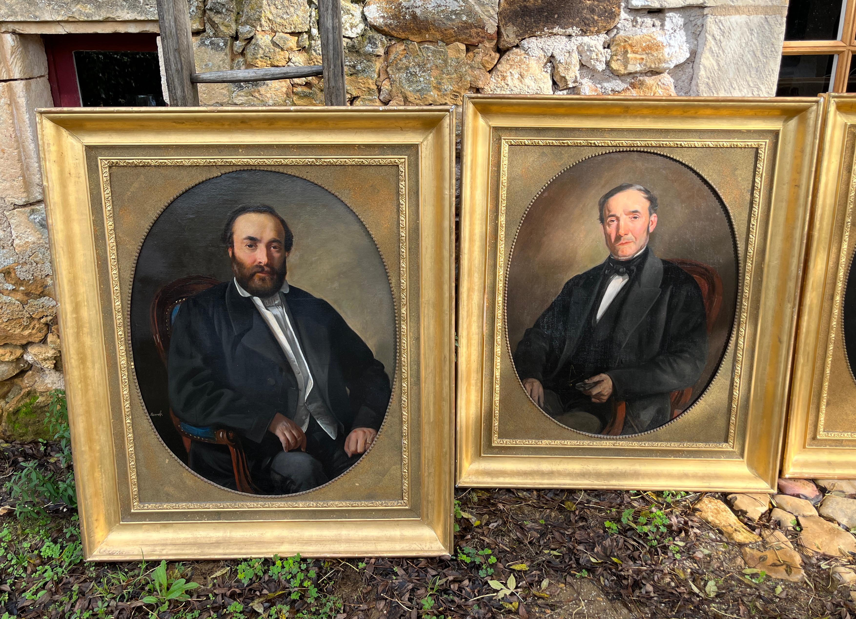 Cuatro grandes retratos de familia franceses - Painting de Theophile Morel