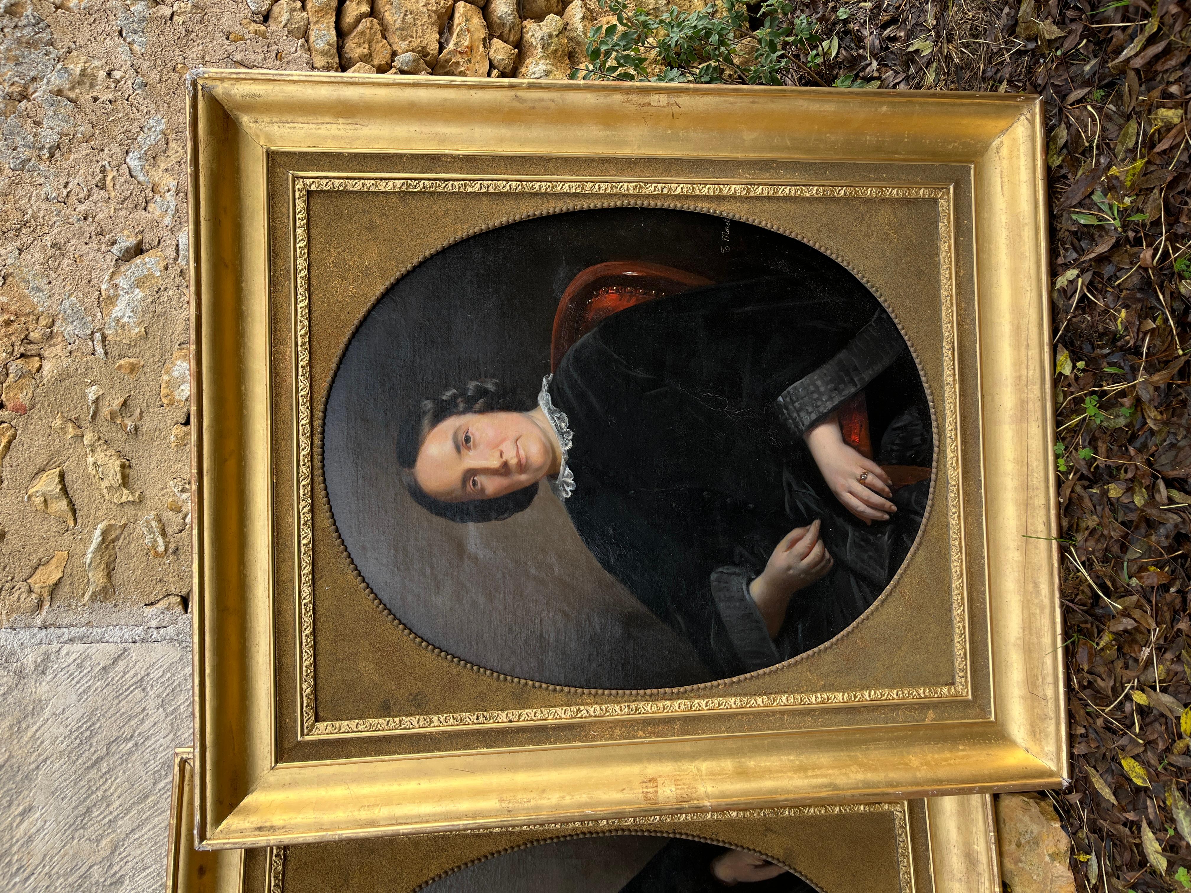 Cuatro grandes retratos de familia franceses - Figurative Painting Marrón de Theophile Morel