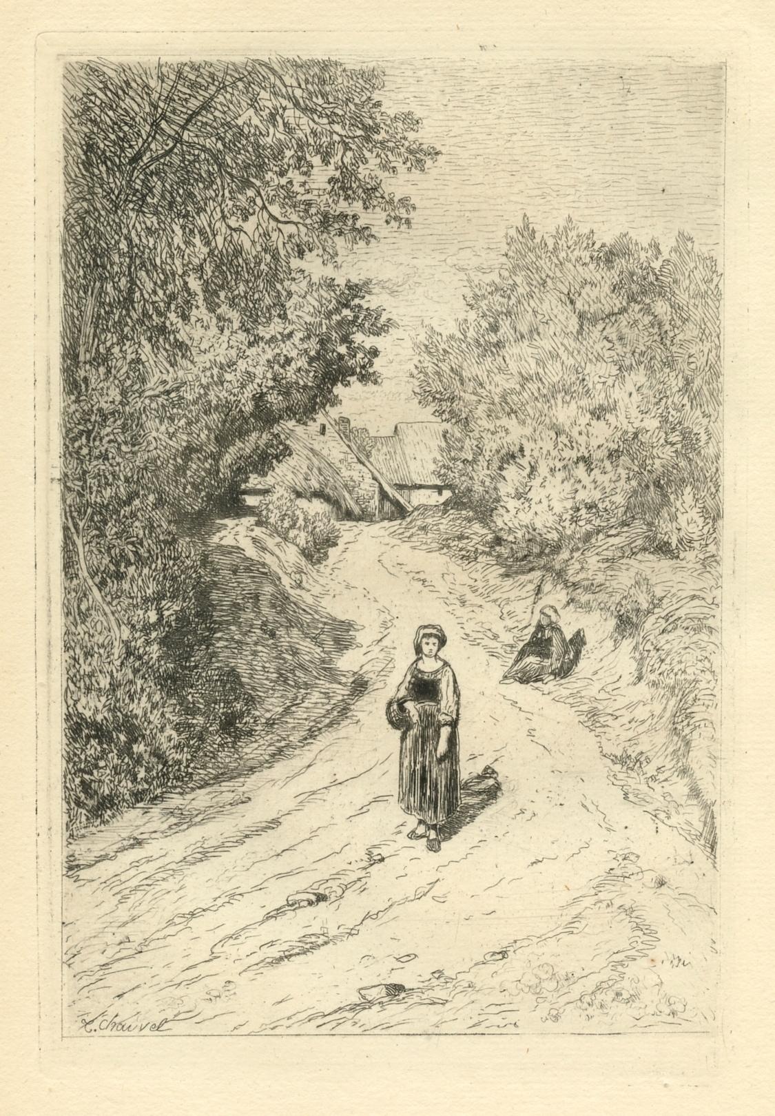 "A Country Lane" original etching - Print by Theophile Narcisse Chauvel