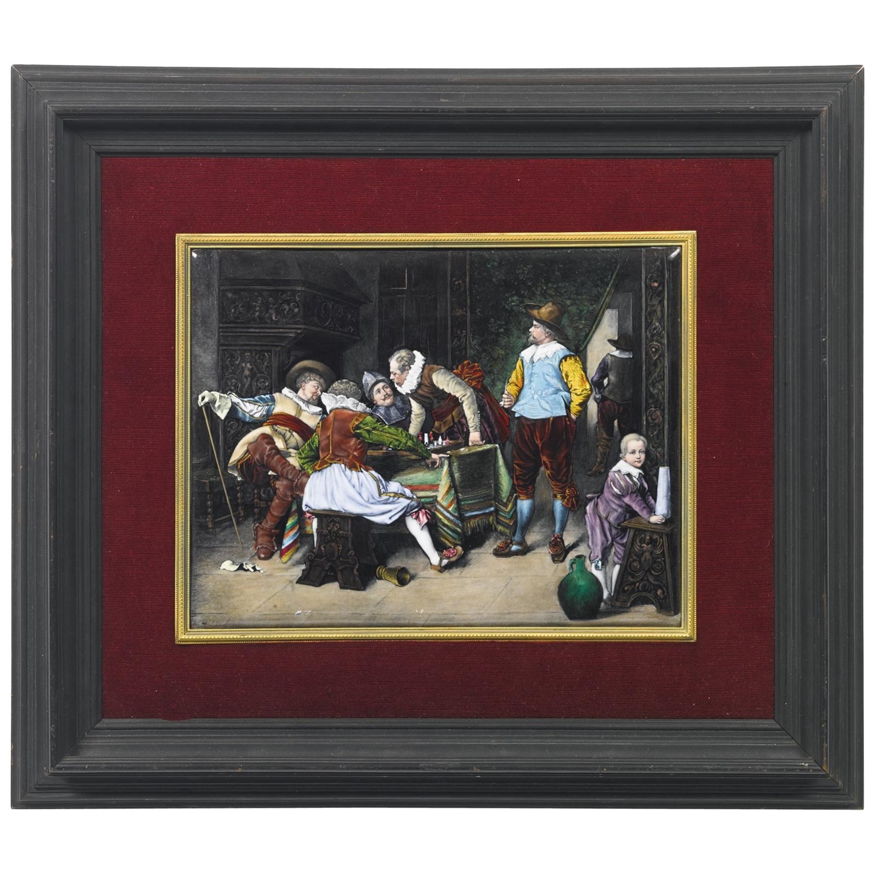 Théophile Soyer, Large Painted Enamel on Copper, "The Chess Game"