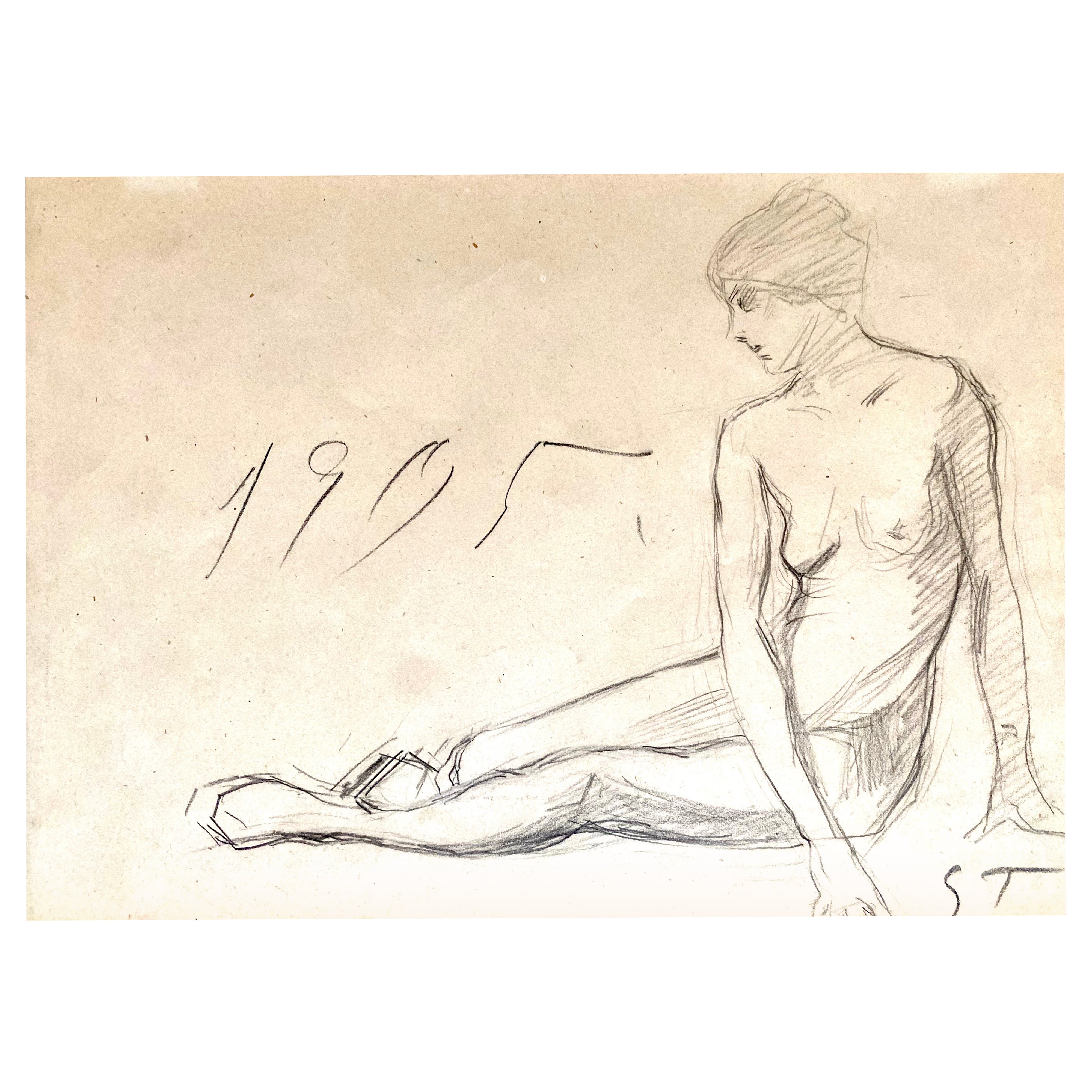 Theophile STEINLEN, Nude Pencil Drawing dated 1905